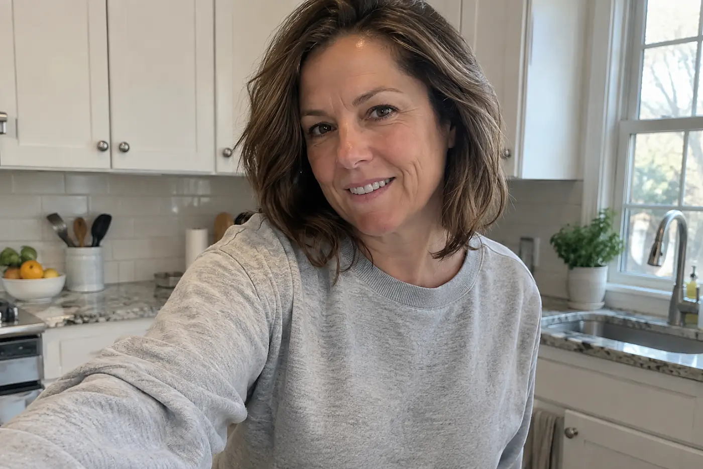 A woman in her fifties wears a heather gray sweatshirt in her kitchen.