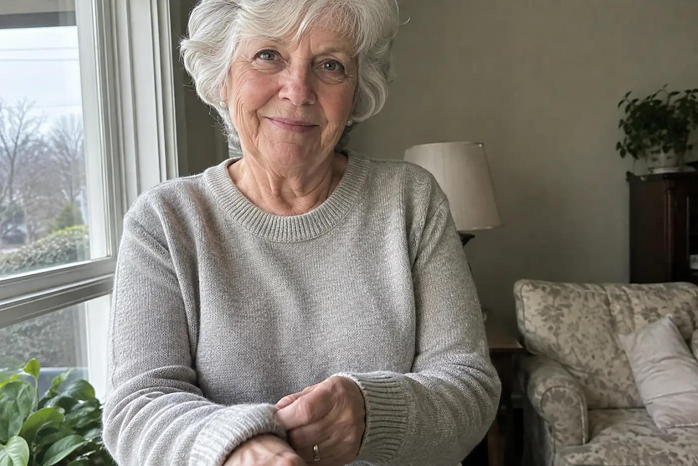 A woman in her seventies adjusts her pale gray crewneck sweater near a window.