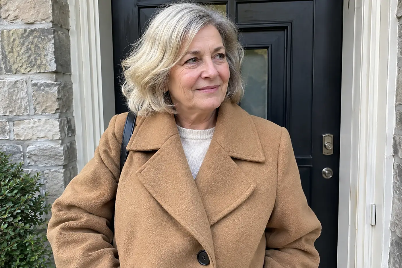 A woman in her sixties wearing a camel wool coat stands outside a black door.