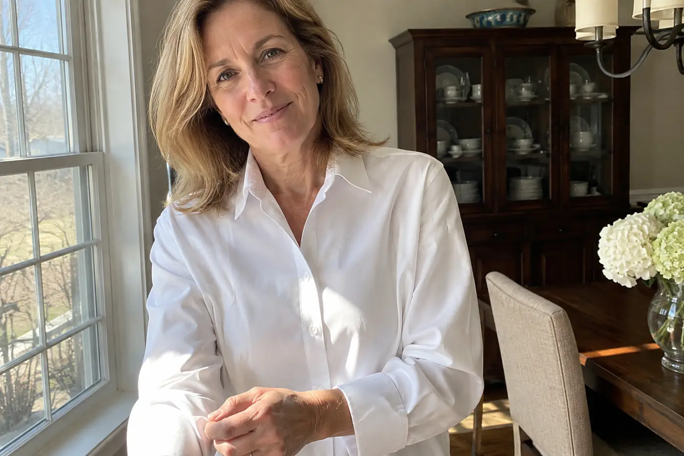 A woman in her fifties wears a stark white button-down shirt near a sunlit window.