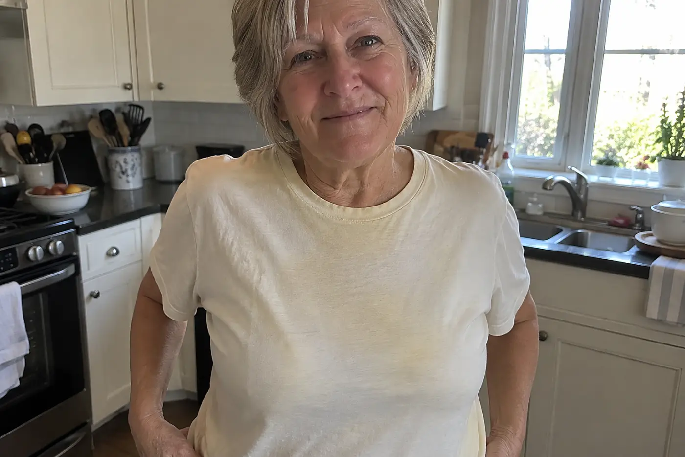 A woman in her sixties stands in her kitchen wearing a yellowed white T-shirt.