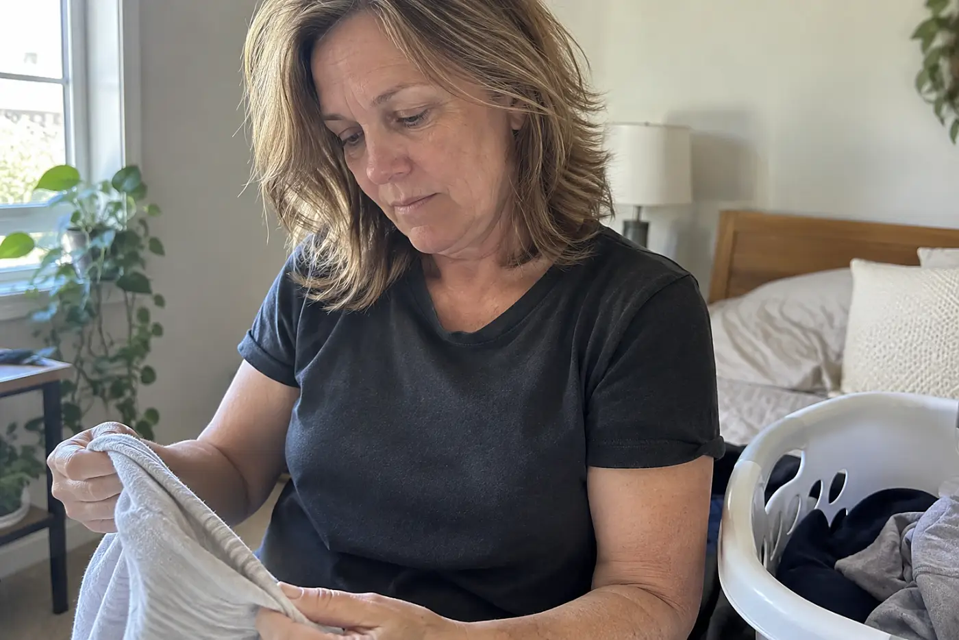 A woman in her fifties wearing a faded black T-shirt holds laundry beside a basket.