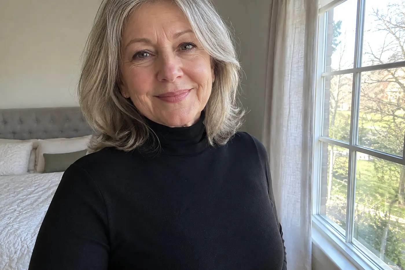 A woman in her sixties wearing a black turtleneck stands near a bedroom window.
