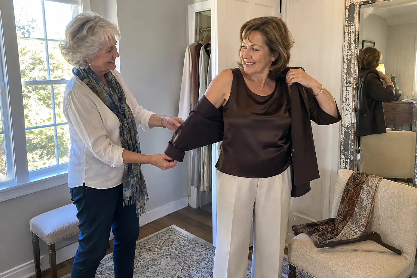 A woman in her sixties puts on a jacket over a chocolate brown silk shell.