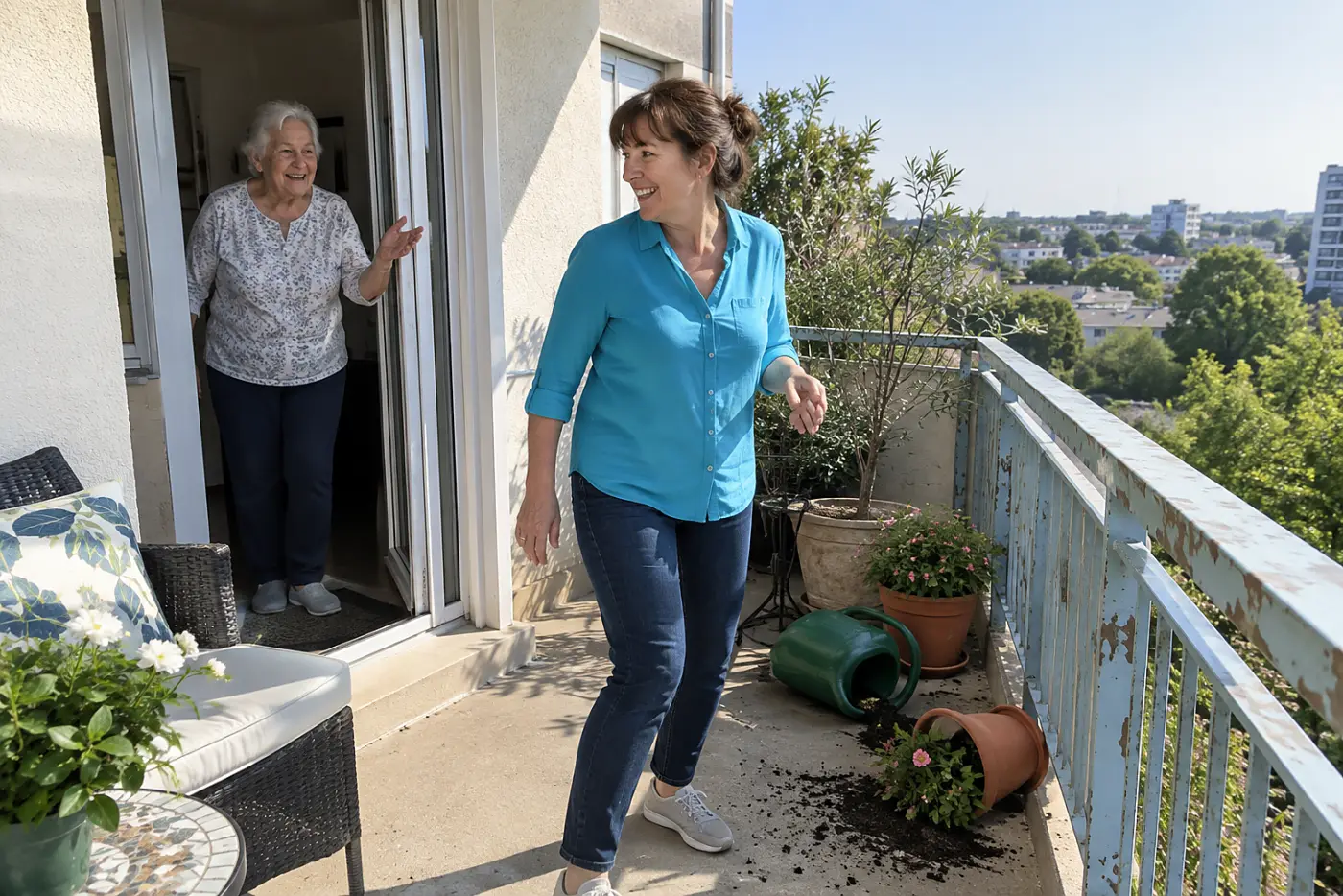 A woman in her fifties wears a turquoise cotton shirt on an apartment balcony.