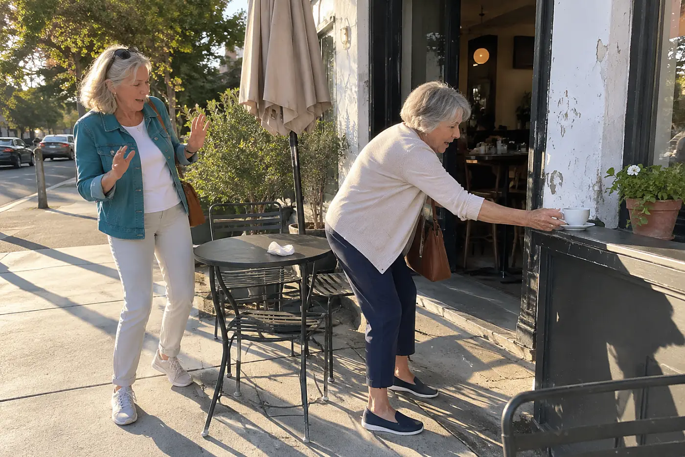 A woman in her sixties wears an open teal denim jacket outside a neighborhood café.