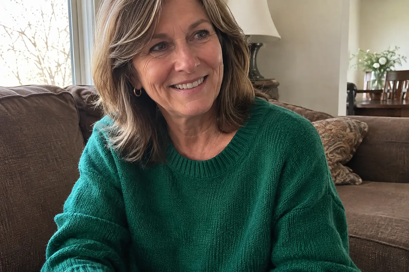 A smiling woman in her fifties wears an emerald green sweater on a brown couch.