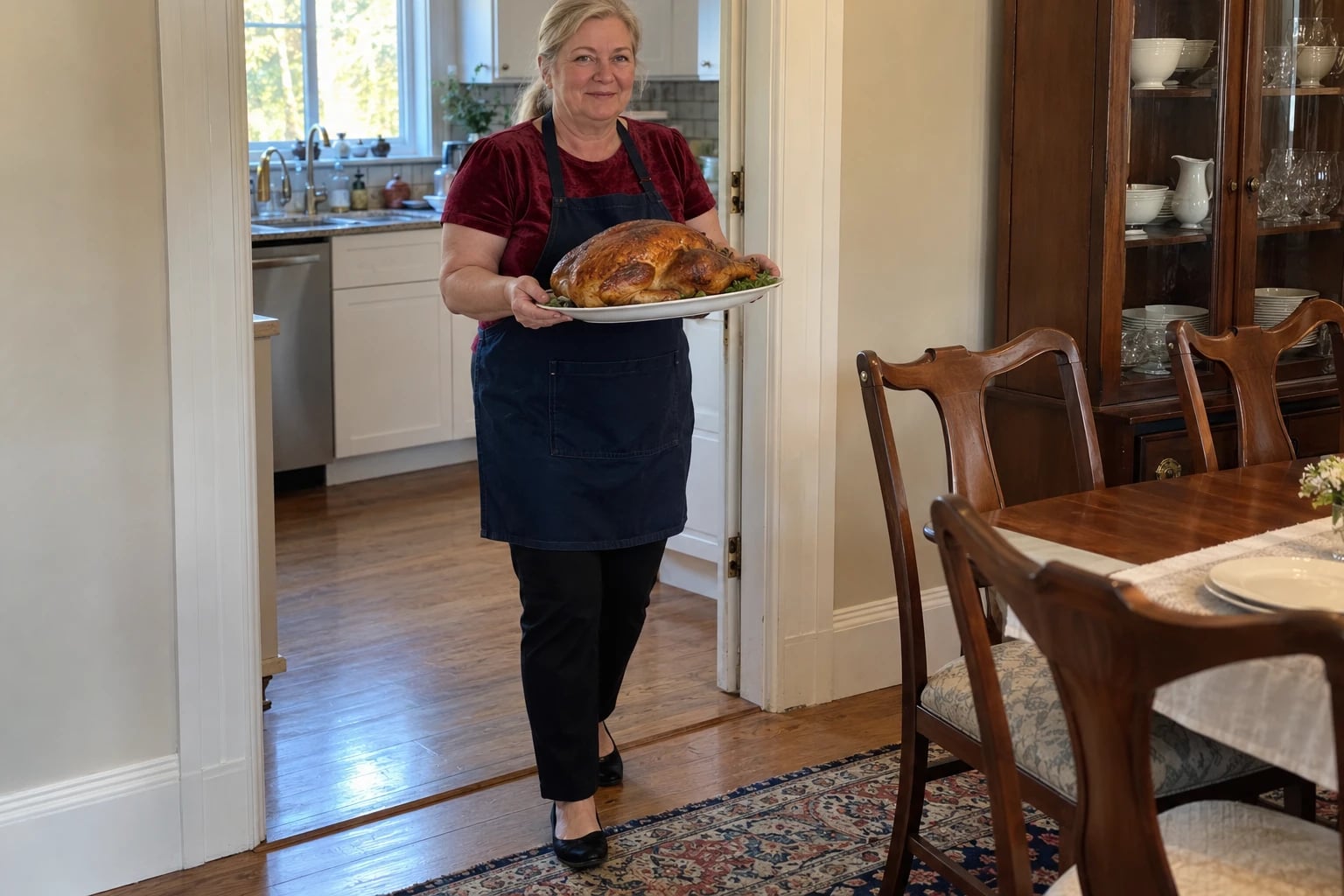 A woman in her late fifties carries a roasted turkey into the dining room wearing a red velvet tee and navy bib apron.
