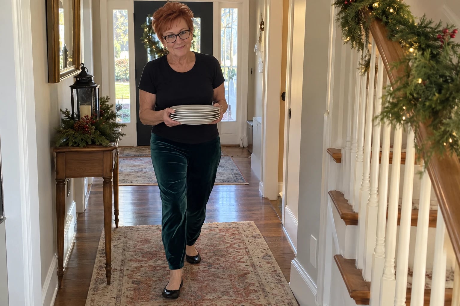 A woman in her sixties carries stacked white plates down a garland-decked hallway in teal velvet pants and a black tee.
