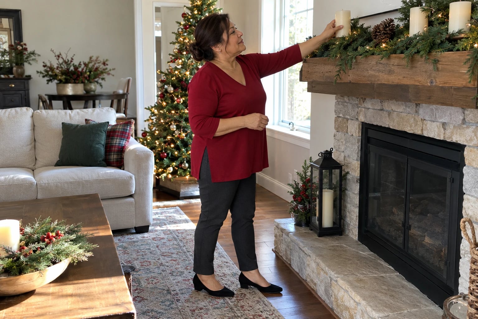A woman in her late fifties places a candle on the mantel, wearing a ruby V-neck tunic and charcoal pants.