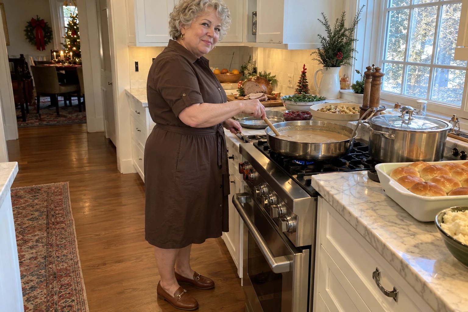 A woman in her sixties stirs gravy at the stove, wearing a belted chocolate shirtdress and cognac loafers.