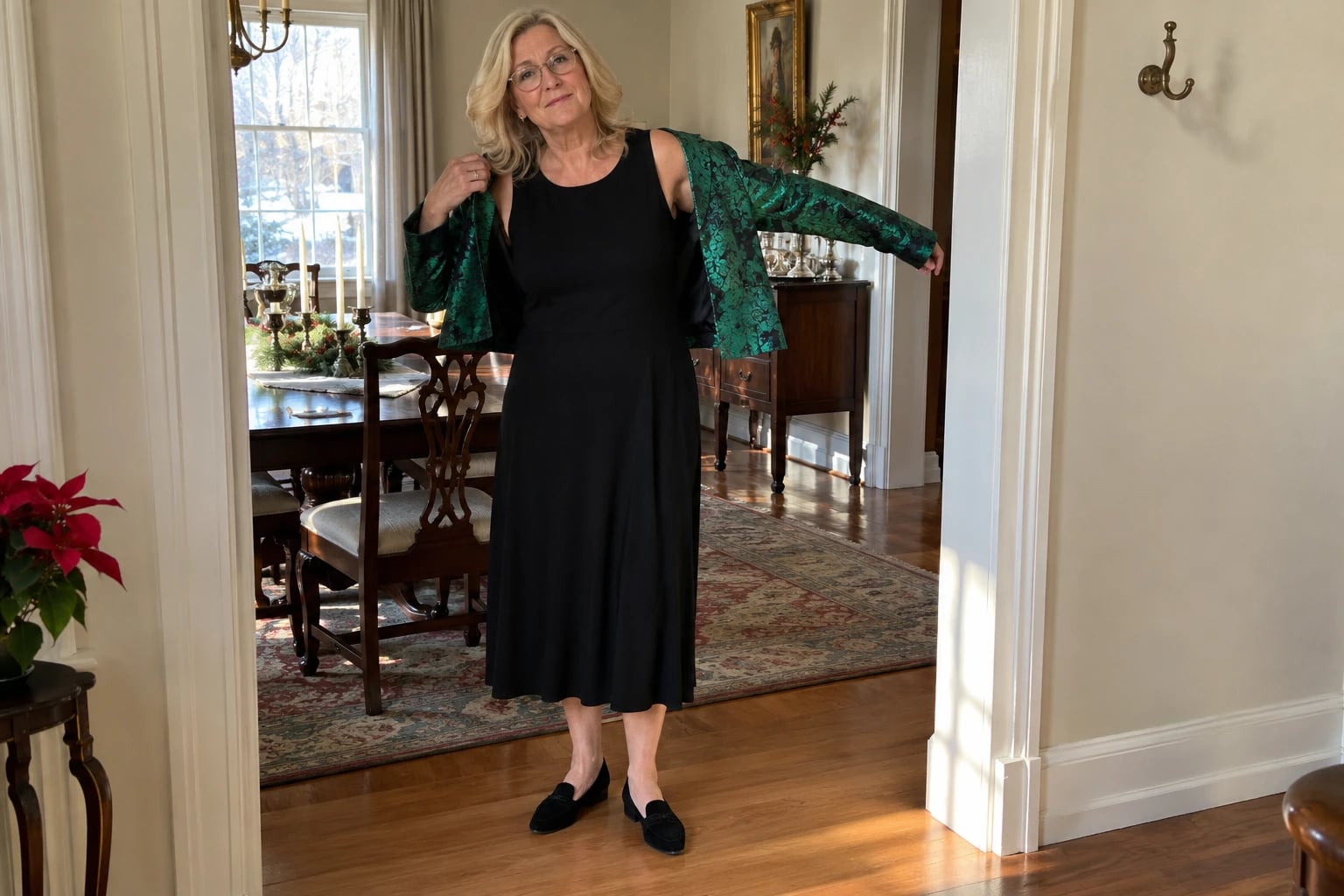 A woman in her fifties slips on an emerald brocade jacket over a black sleeveless midi dress and loafers.