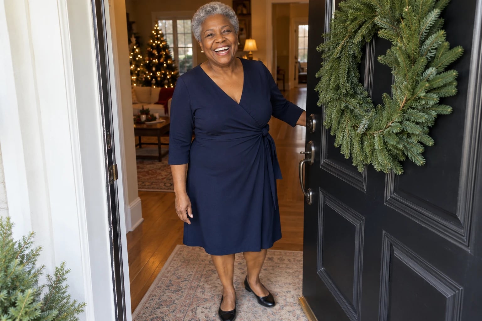 A smiling woman with short silver hair opens her front door in a navy wrap dress and black ballet flats.