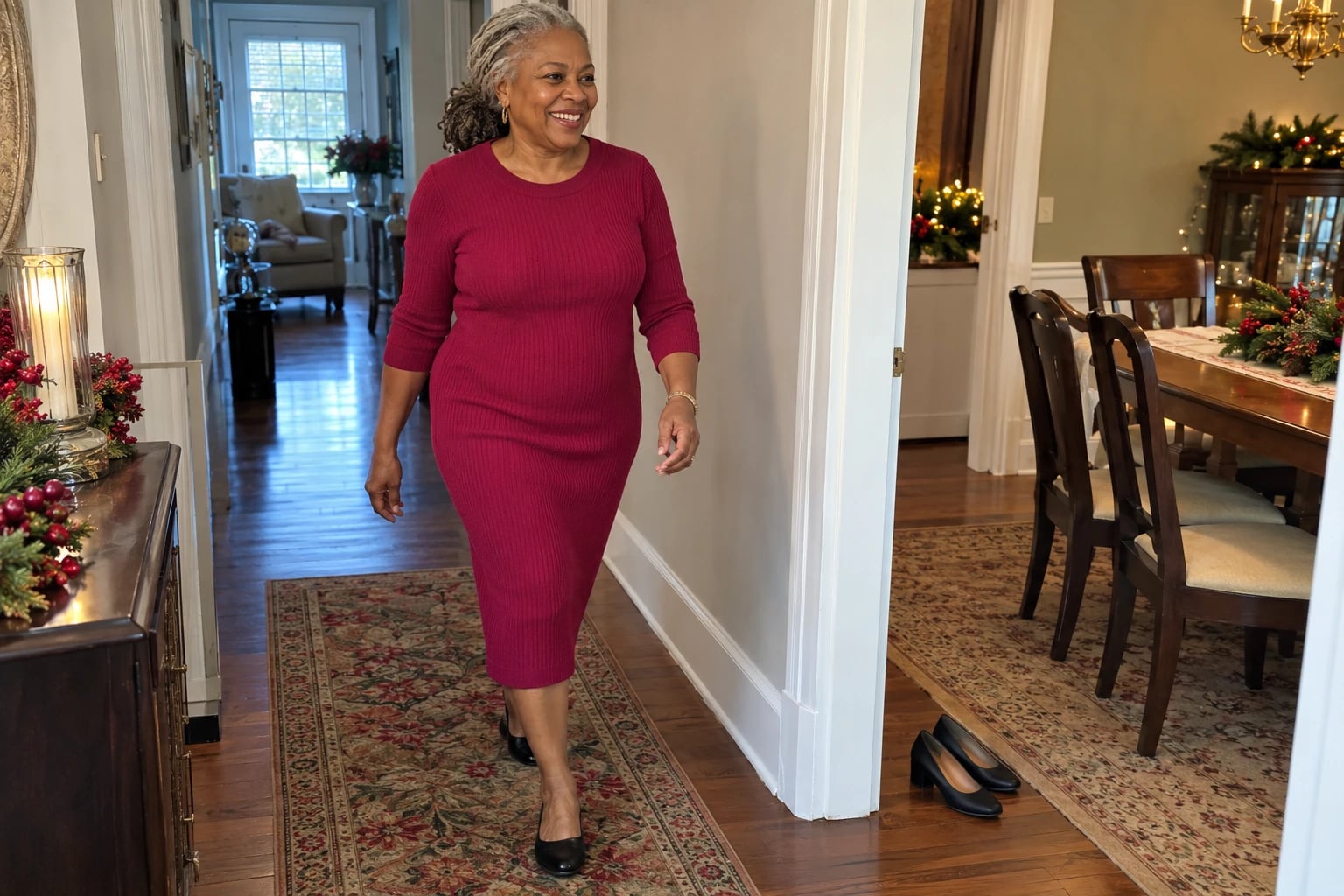 A smiling woman in her sixties walks a holiday-decorated hallway in a raspberry knit midi dress and black flats.