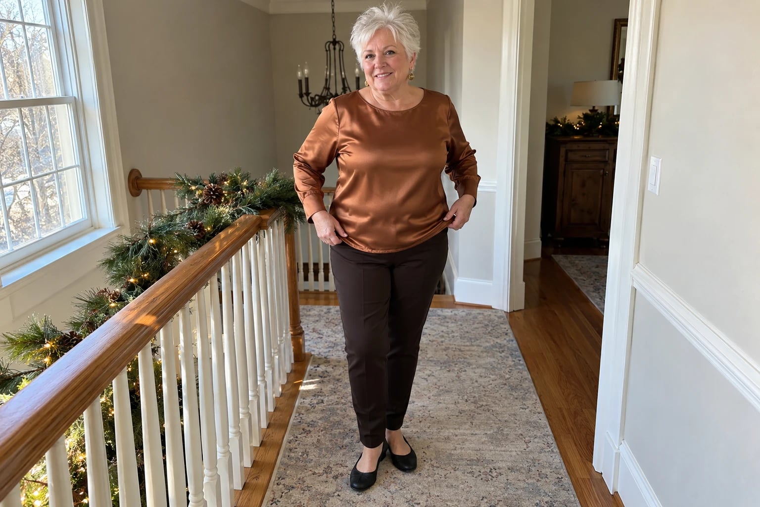 A woman in her sixties stands on a garland-draped staircase landing in a copper satin top and espresso ponte pants.