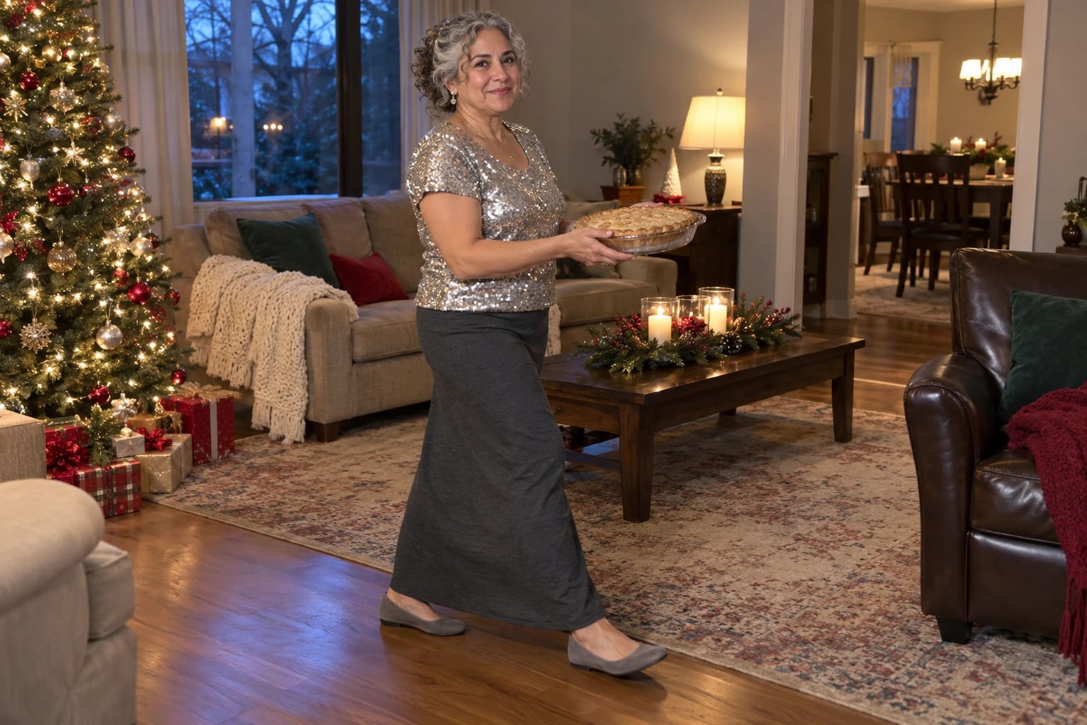 A woman in her fifties carries a pie across the living room in a charcoal maxi skirt and sequined tee.