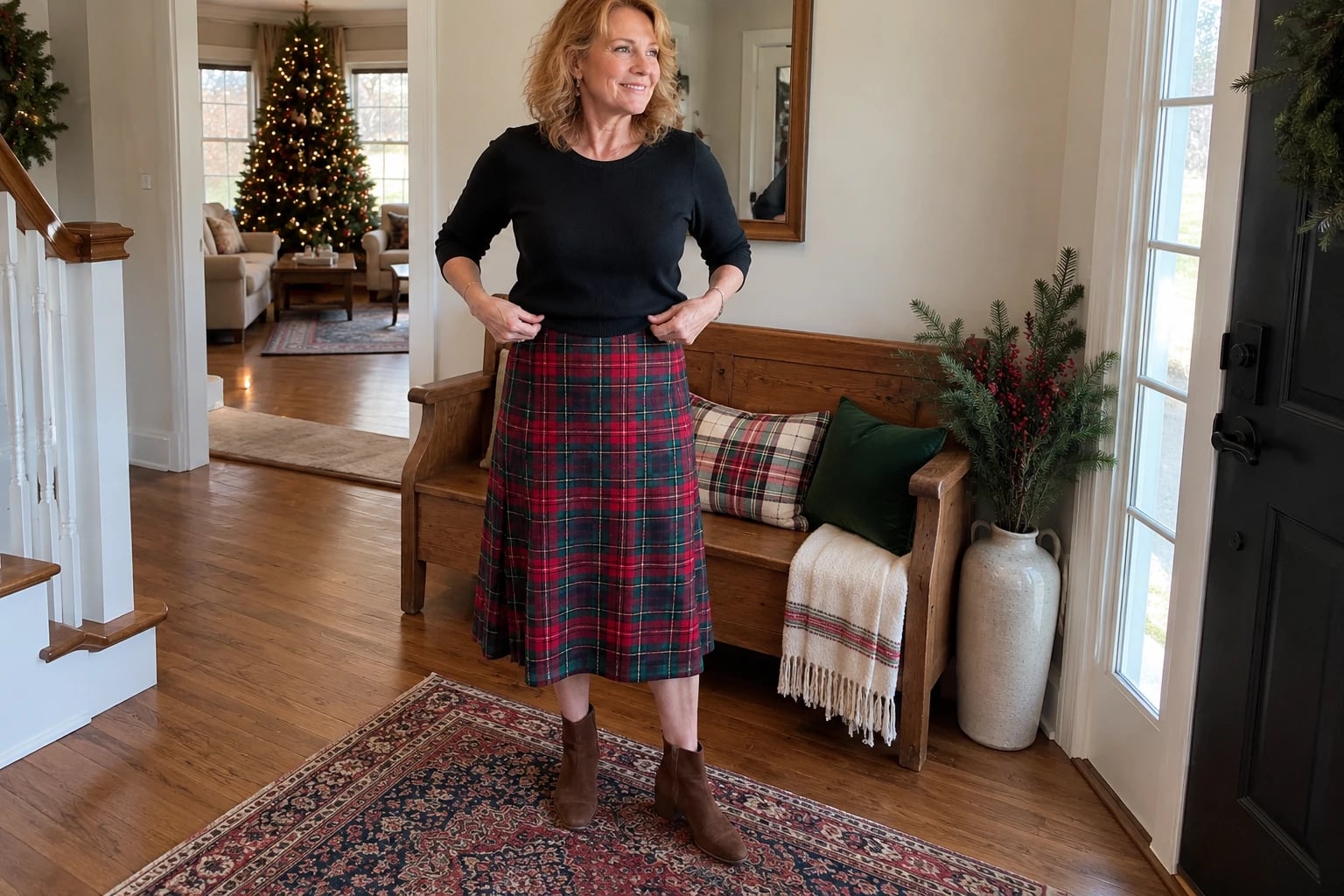 A woman in her sixties stands in an entry hall wearing a red tartan midi skirt, black top, and brown suede booties.