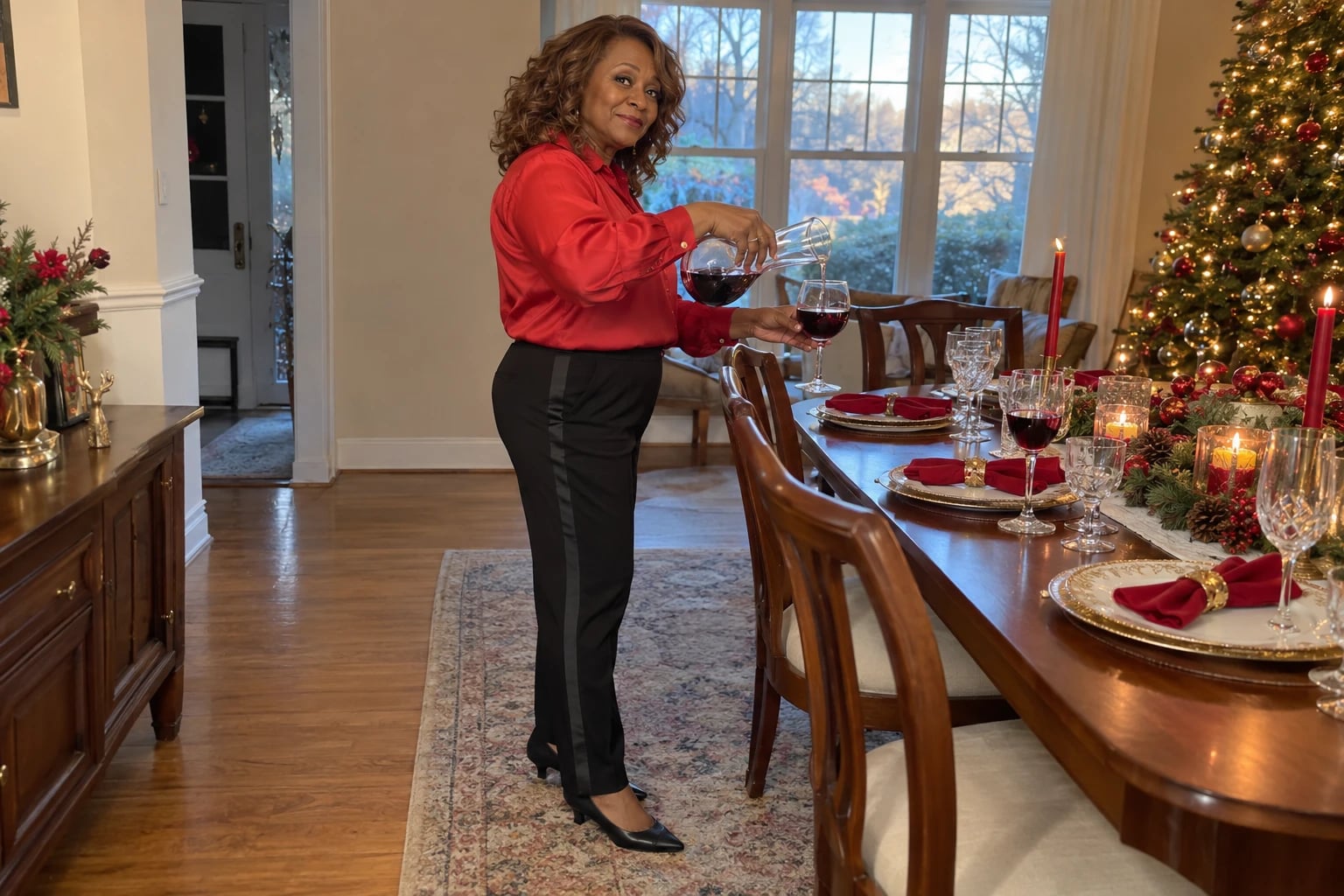 A woman in her late fifties pours red wine at her Christmas table, wearing a cherry silk blouse and tuxedo-stripe black pants.