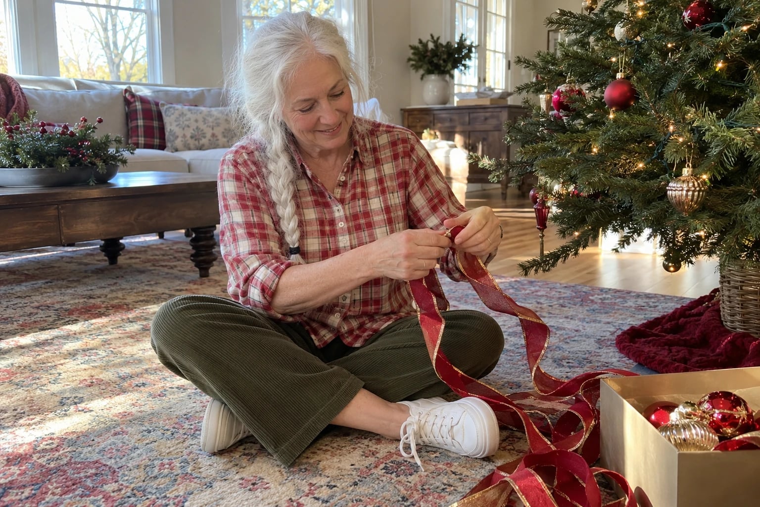 A gray-haired woman in a red plaid shirt and olive corduroys sits cross-legged by the Christmas tree holding ribbon.