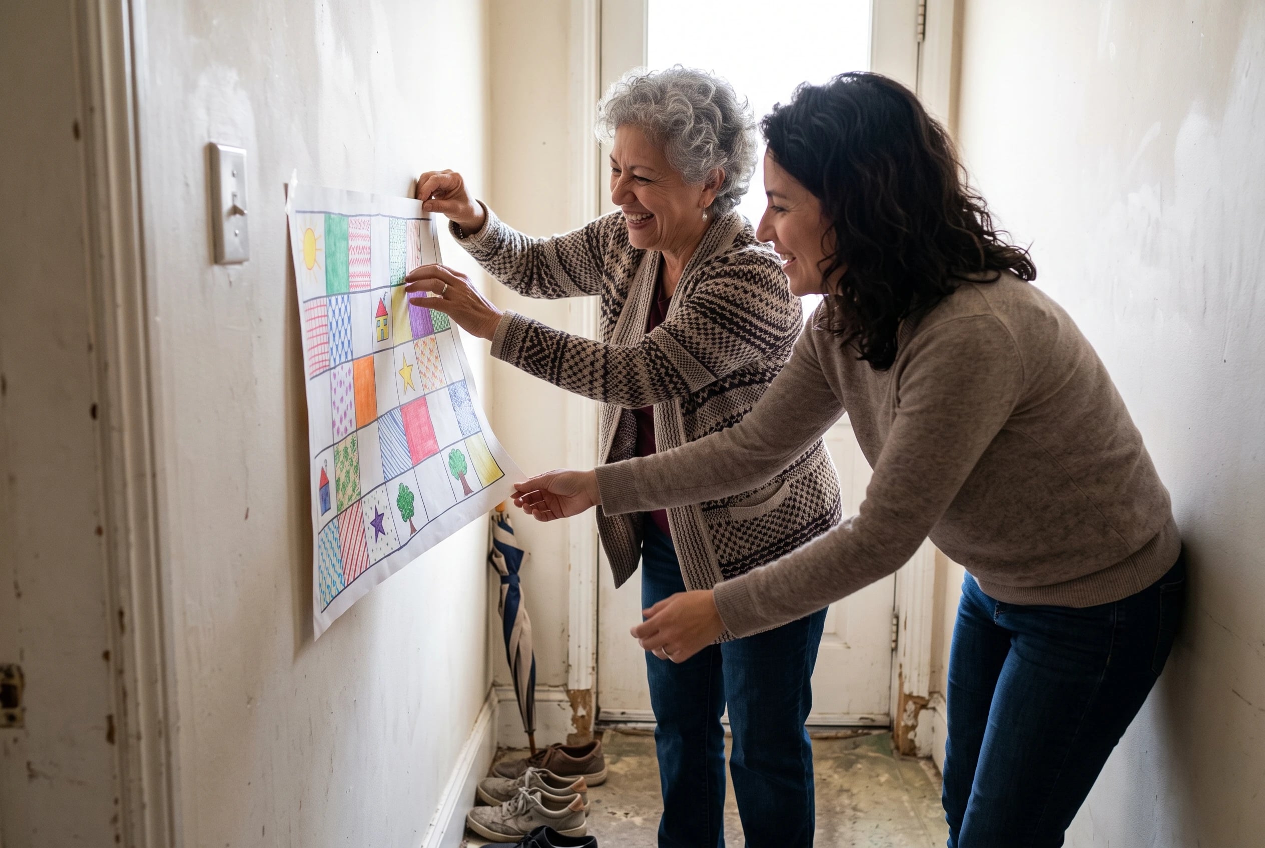 An older woman pins an activity calendar to a wall in her hallway.