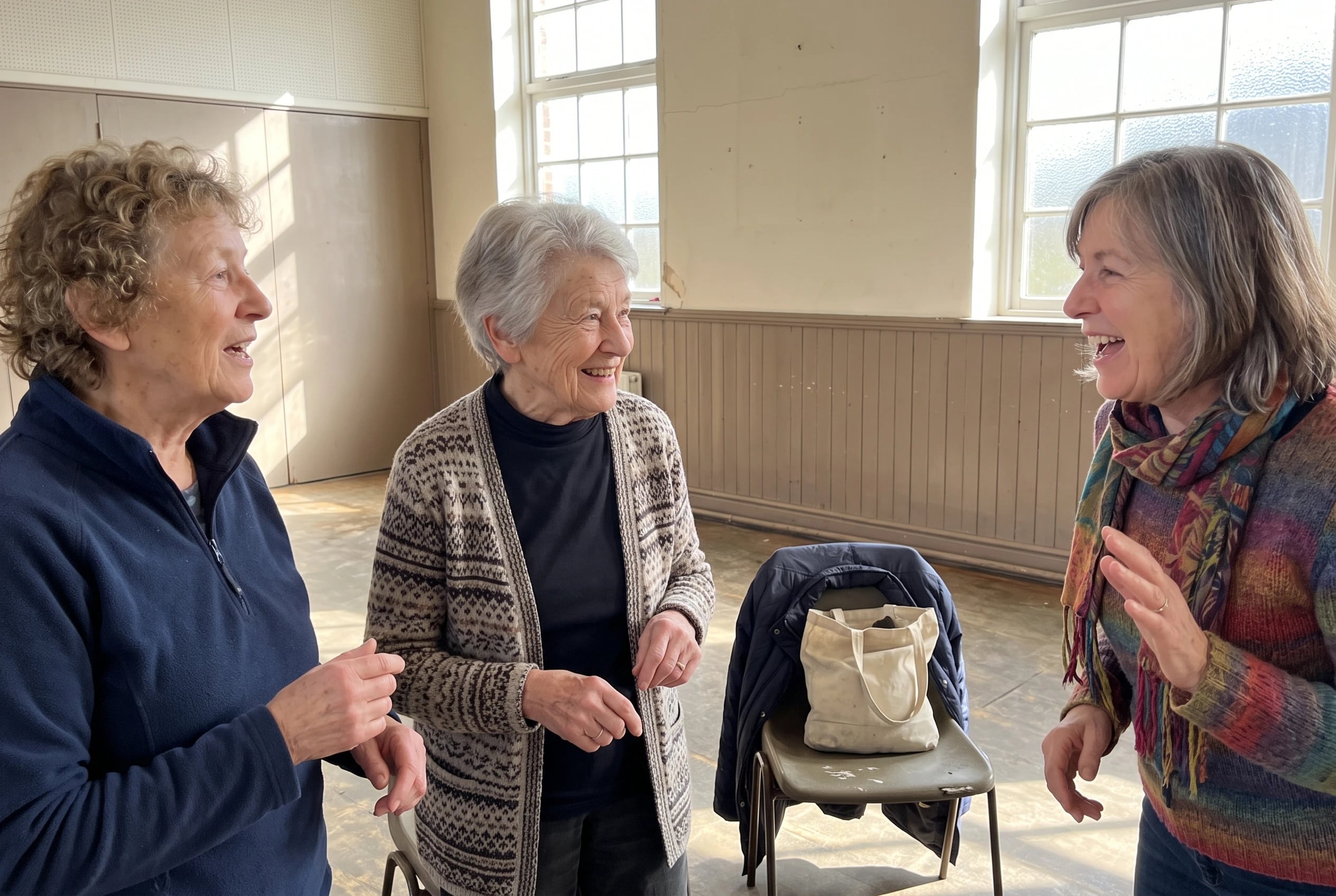 An older woman sings with a choir in a community hall.
