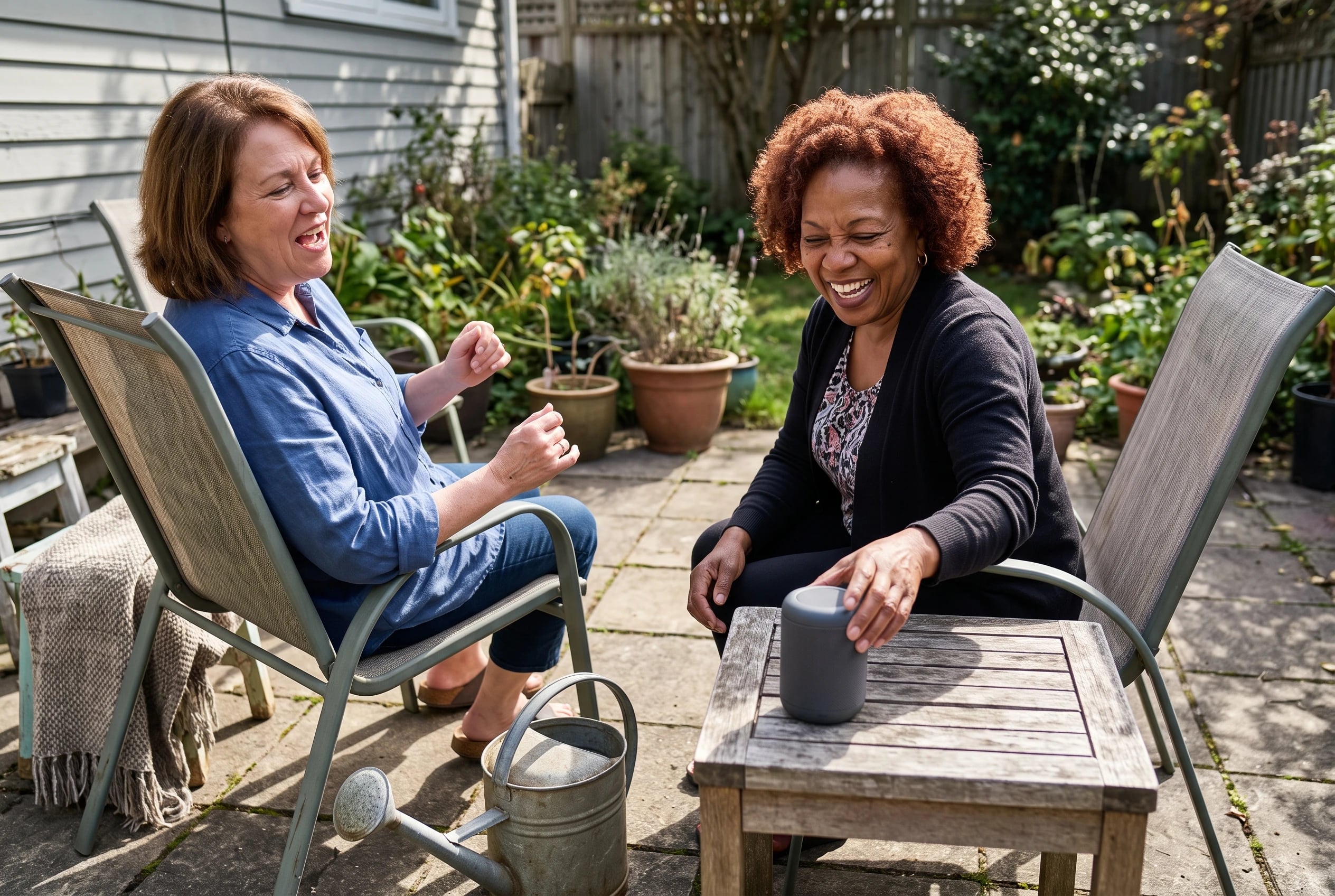 An older woman selects a song on a speaker beside her patio chair.