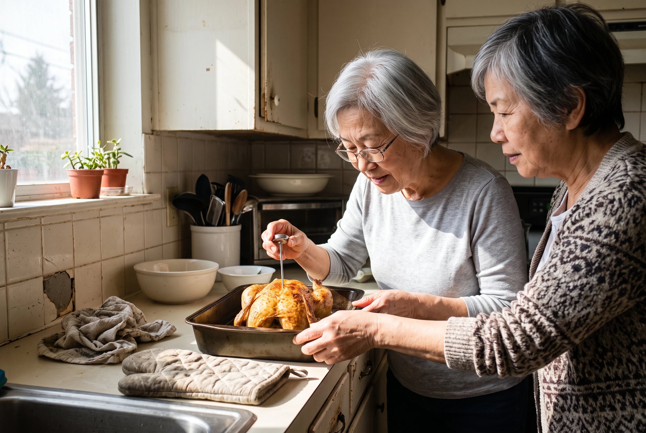 An older woman checks a roast chicken with a thermometer in her kitchen.