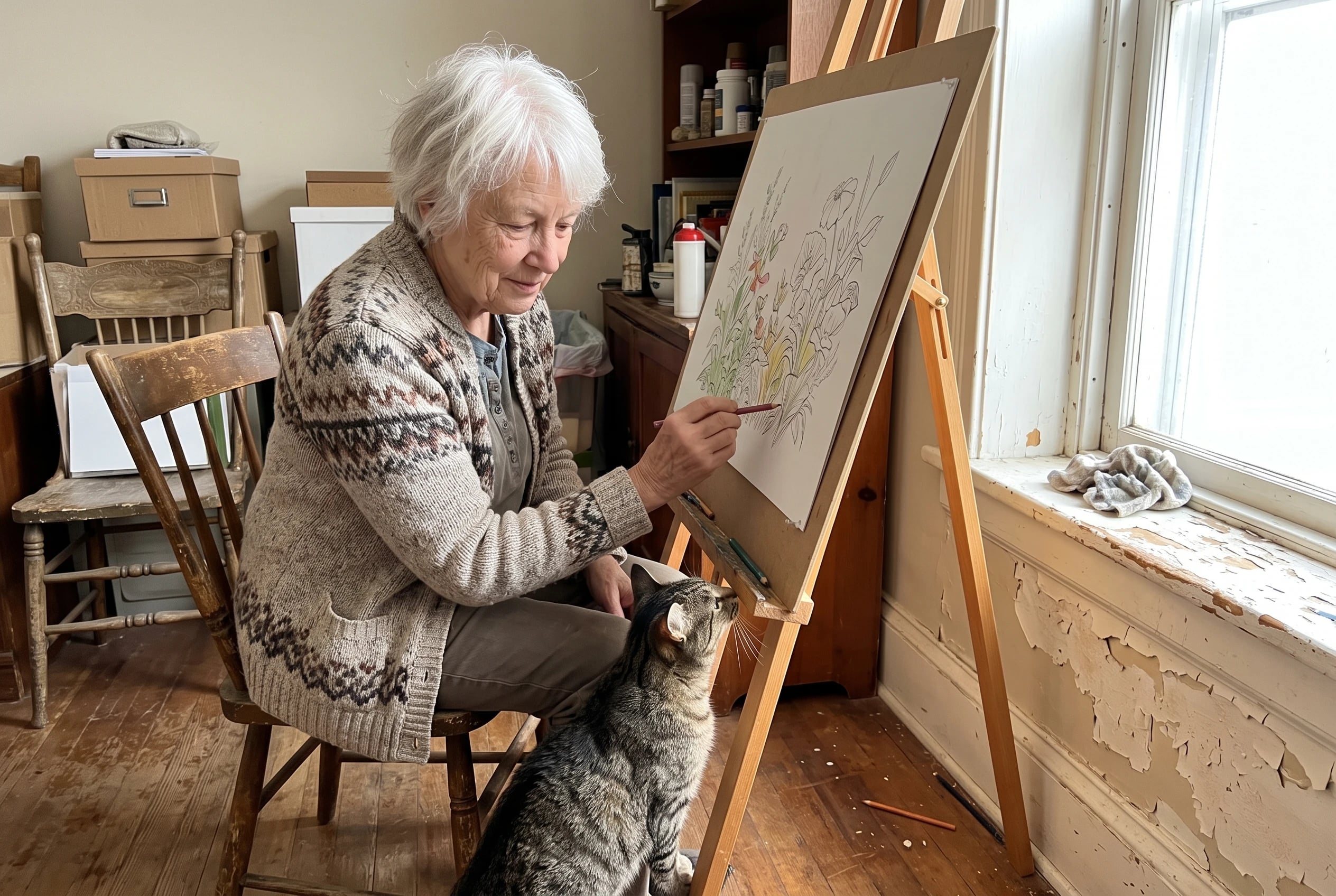 An older woman colors a drawing on an easel in her spare room.