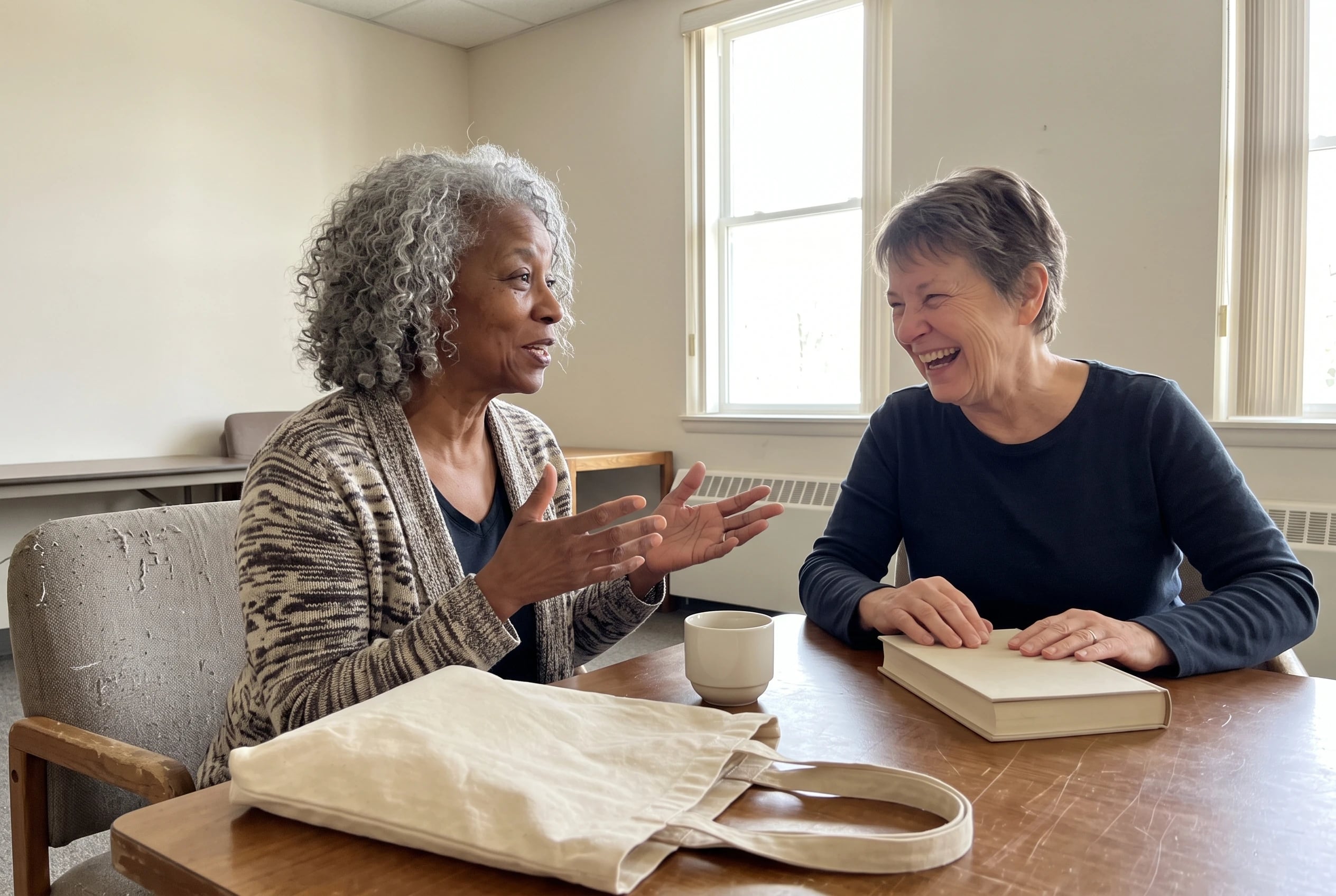 An older woman talks about a book with friends in a library meeting room.