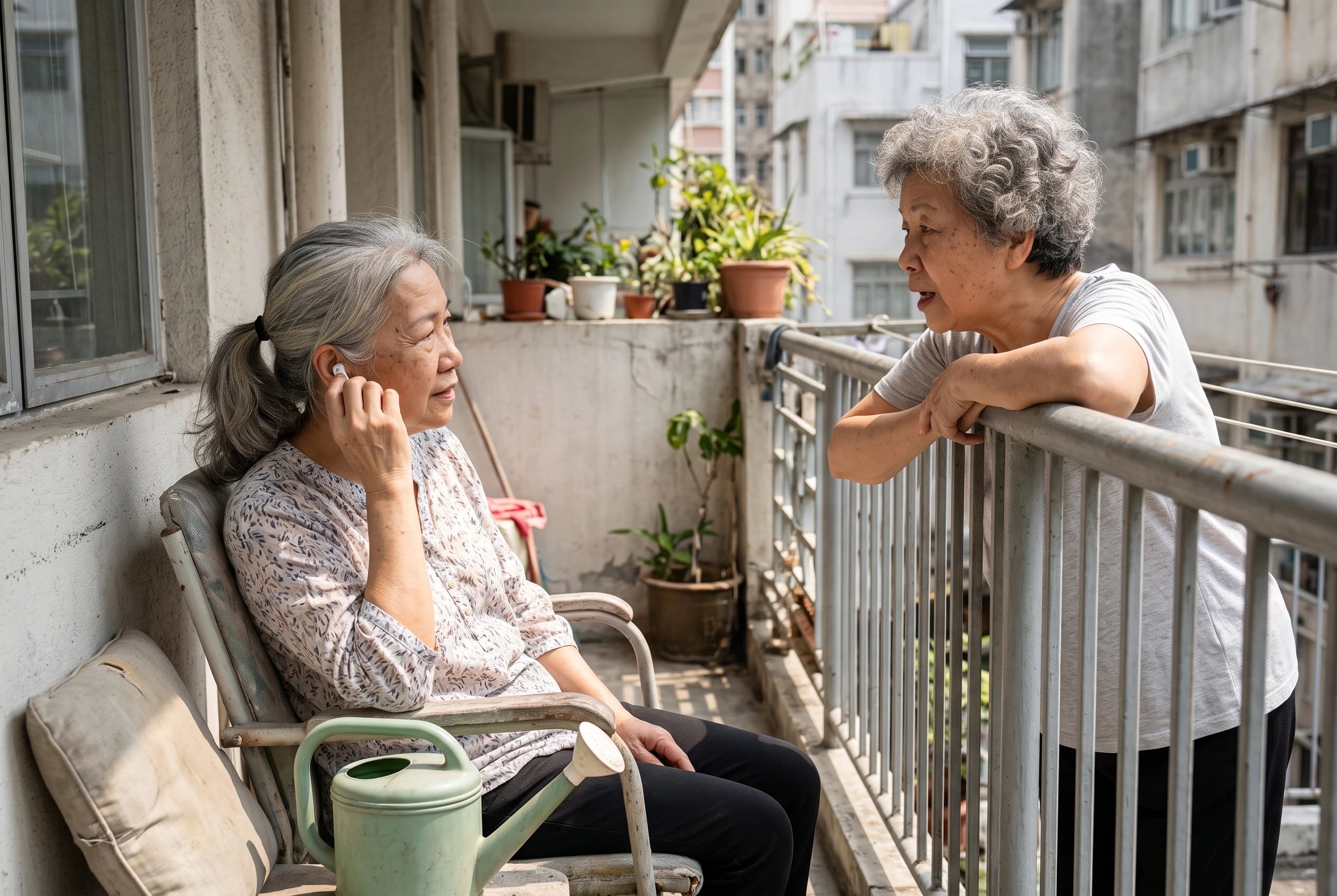 An older woman listens to an audiobook while sitting on her balcony.