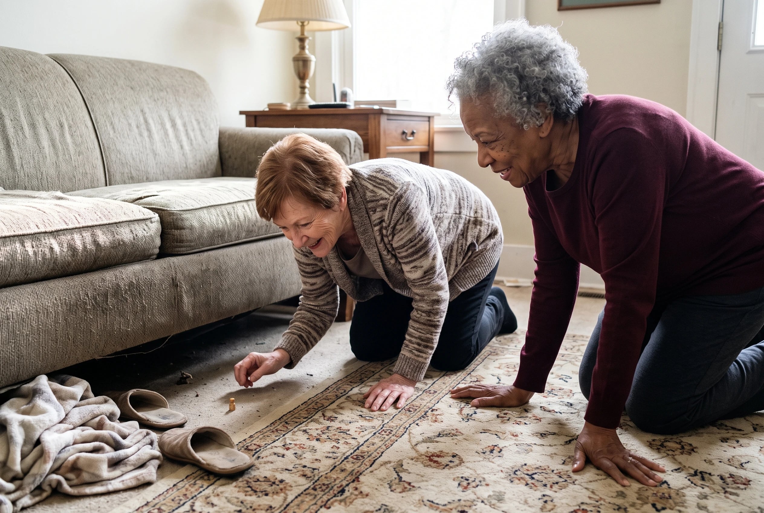 An older woman and her neighbor set up a board game on a den rug.