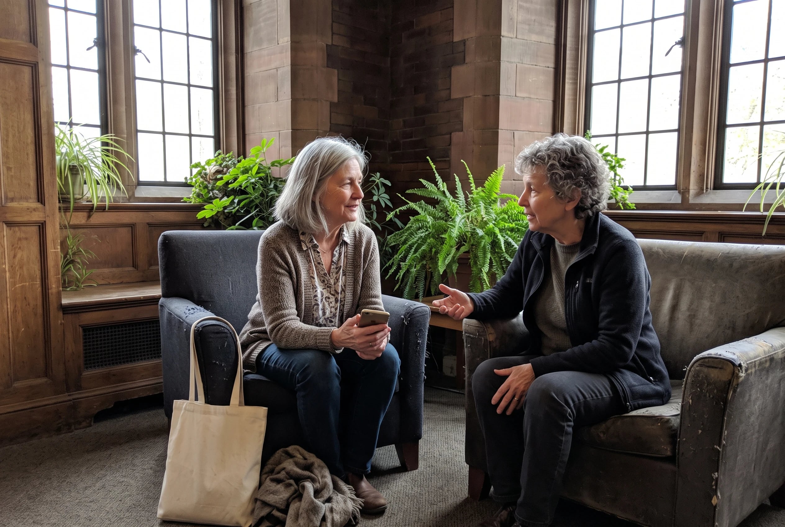 An older woman browses audiobooks on her phone in a library armchair.