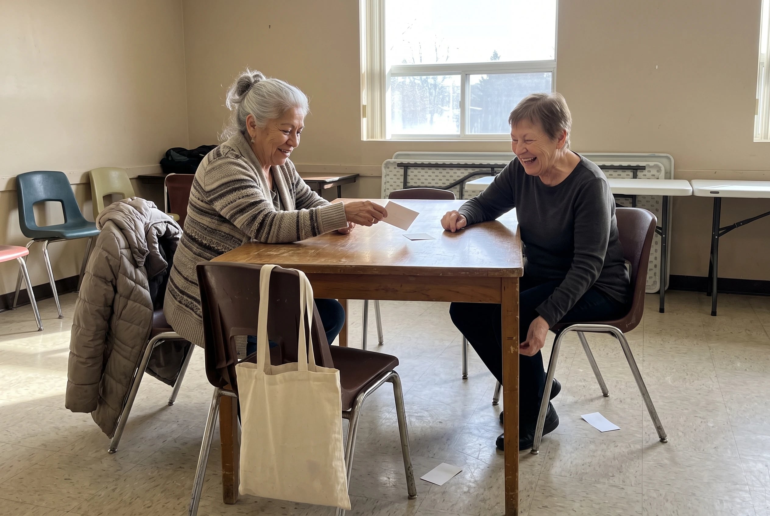 An older woman deals cards to a friend in a community room.