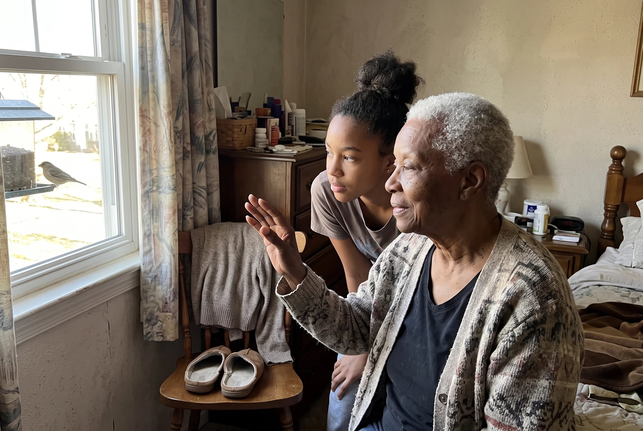An older woman watches a bird feeder through her bedroom window.