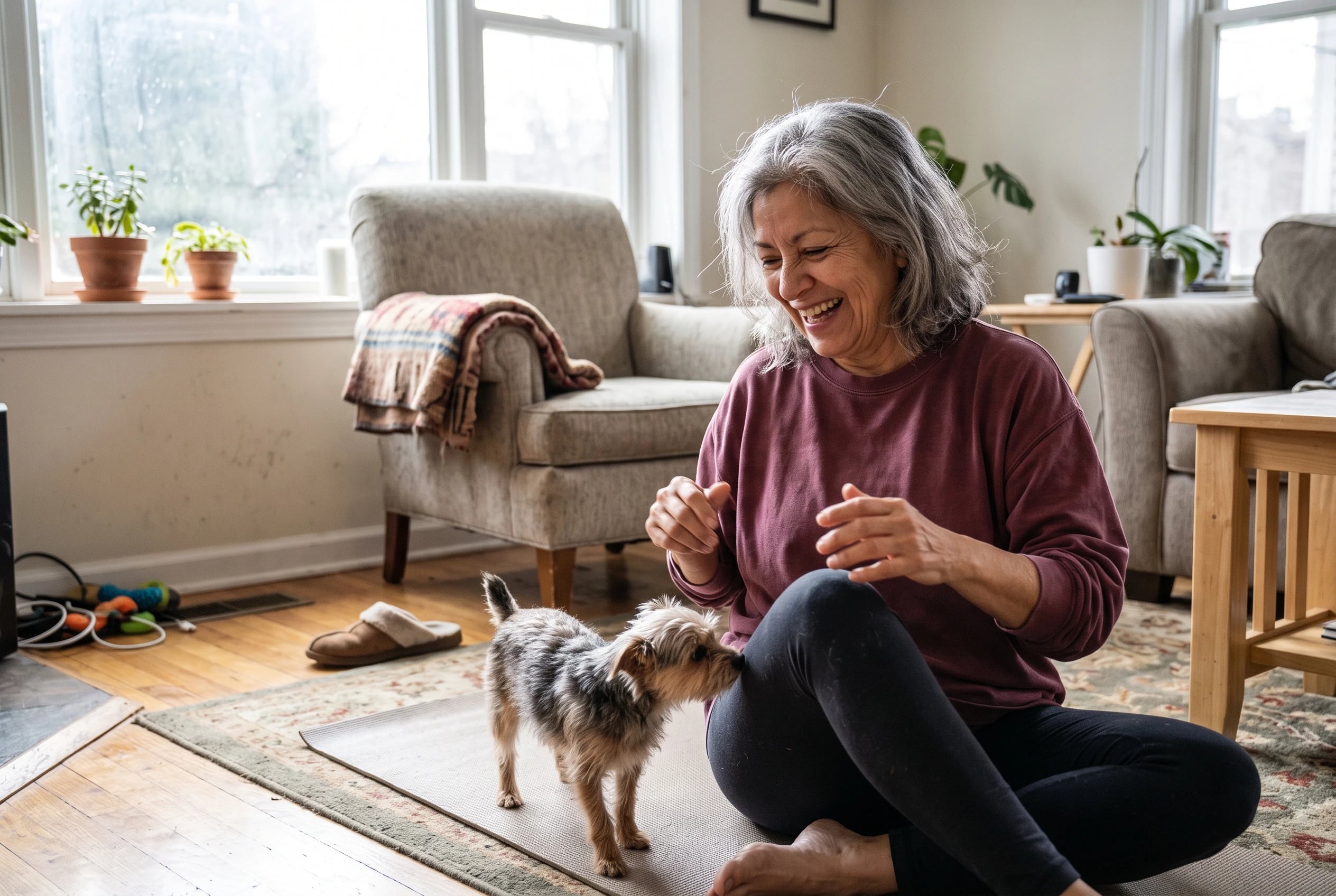 An older woman follows a seated yoga movement in her living room.