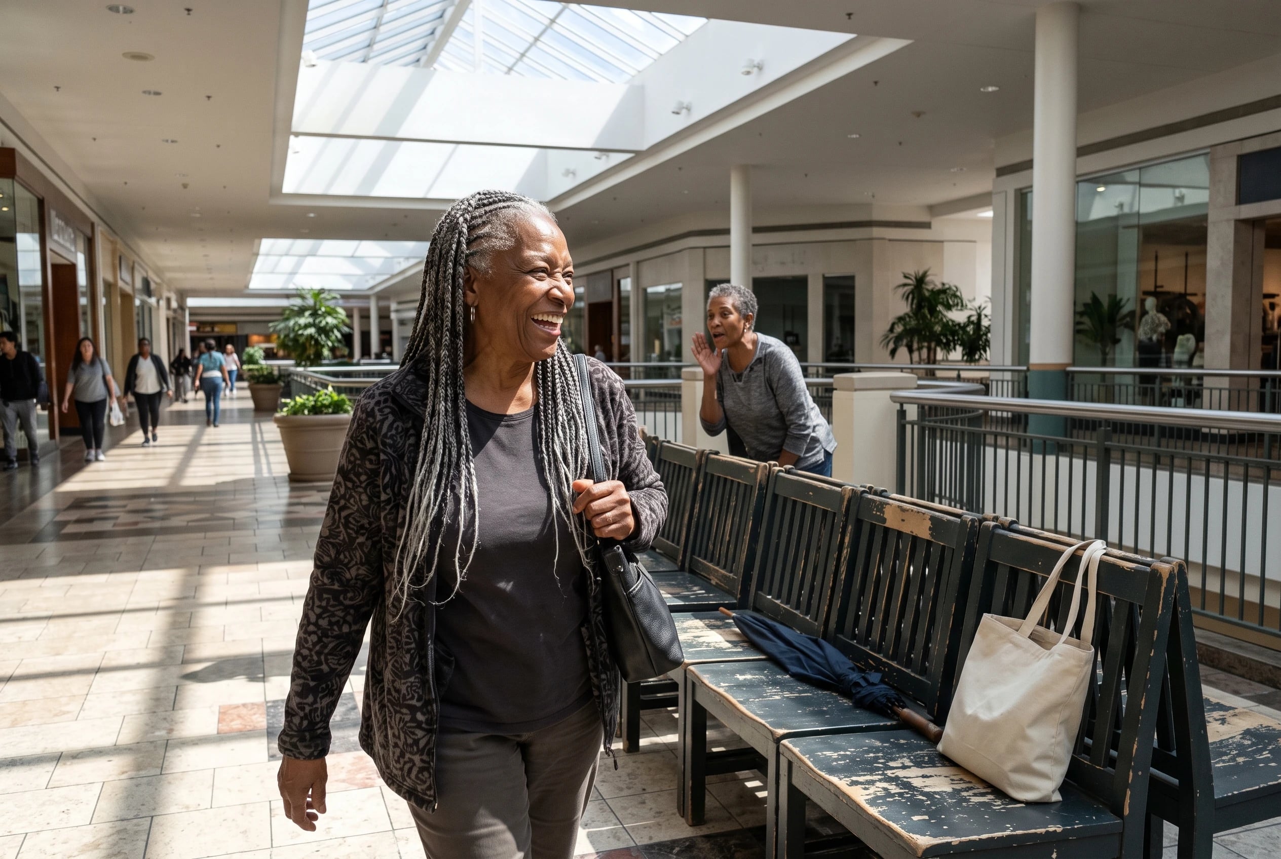 An older woman walks past a row of benches inside a shopping mall.