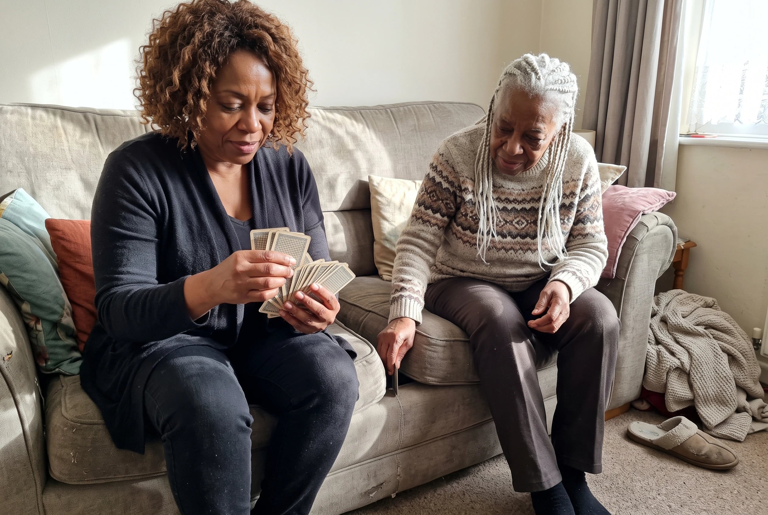 An older woman and her mother sort playing cards together on a sofa.