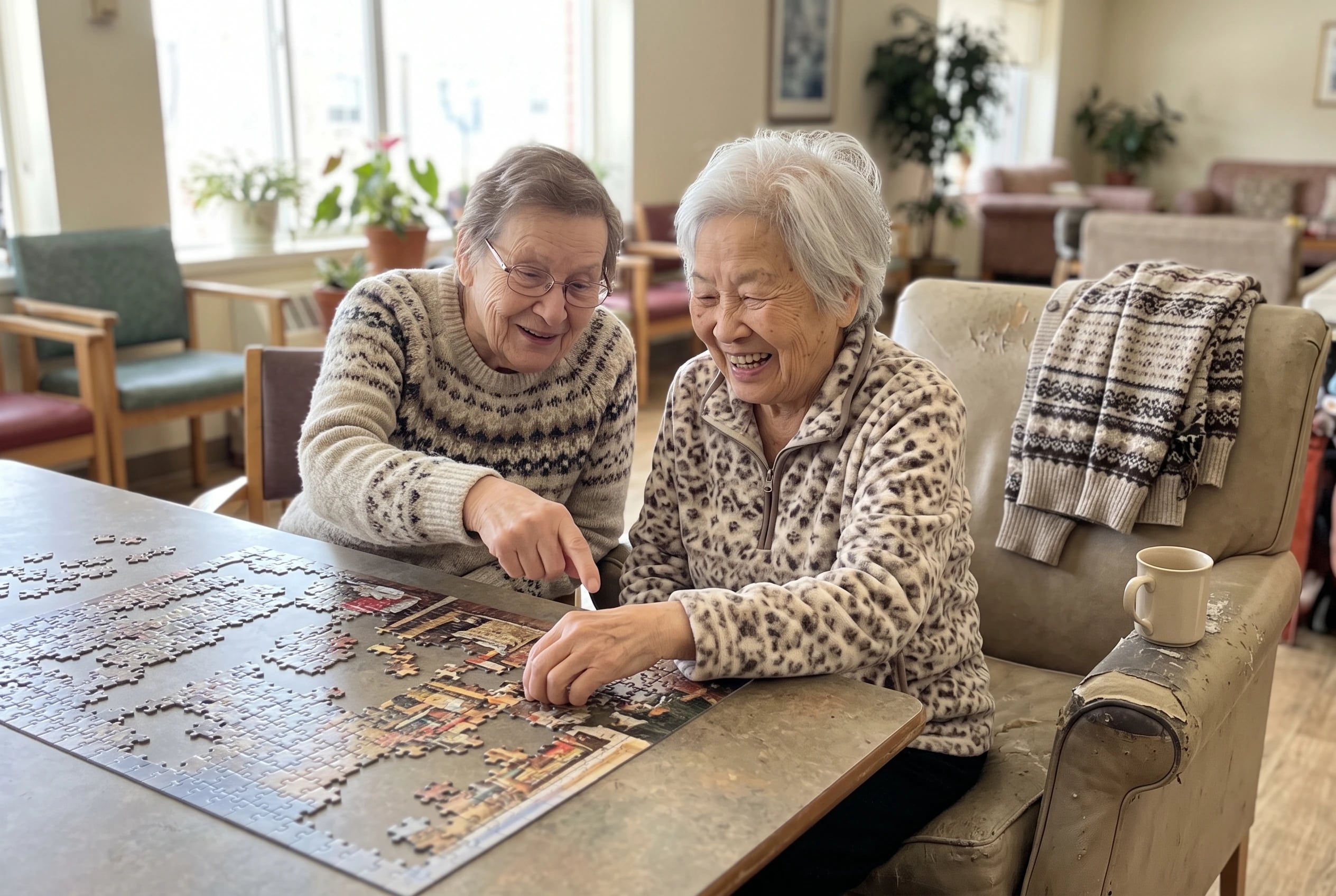 An older woman adds a piece to a group puzzle in a nursing home lounge.