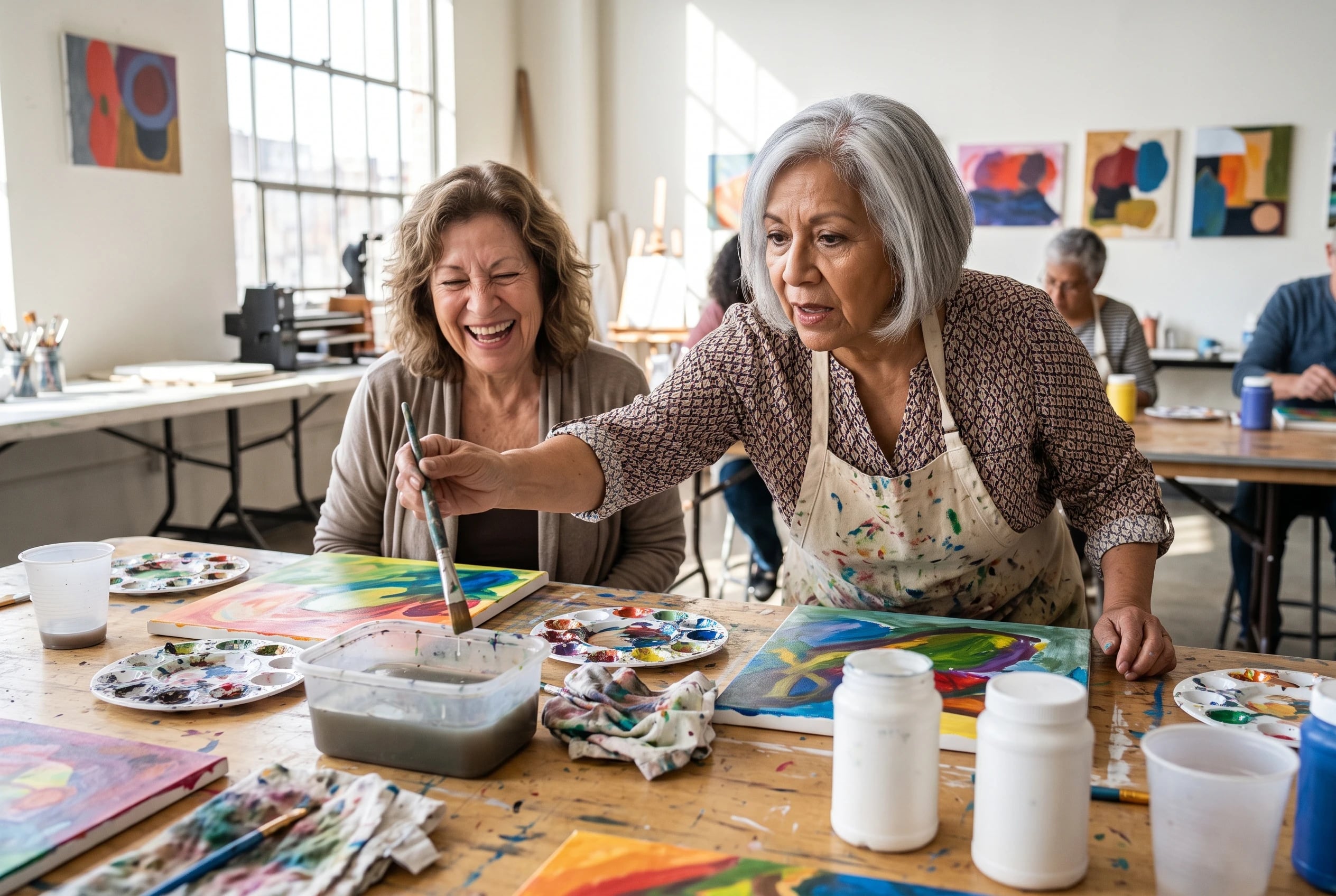 An older woman joins an art class at a community center.