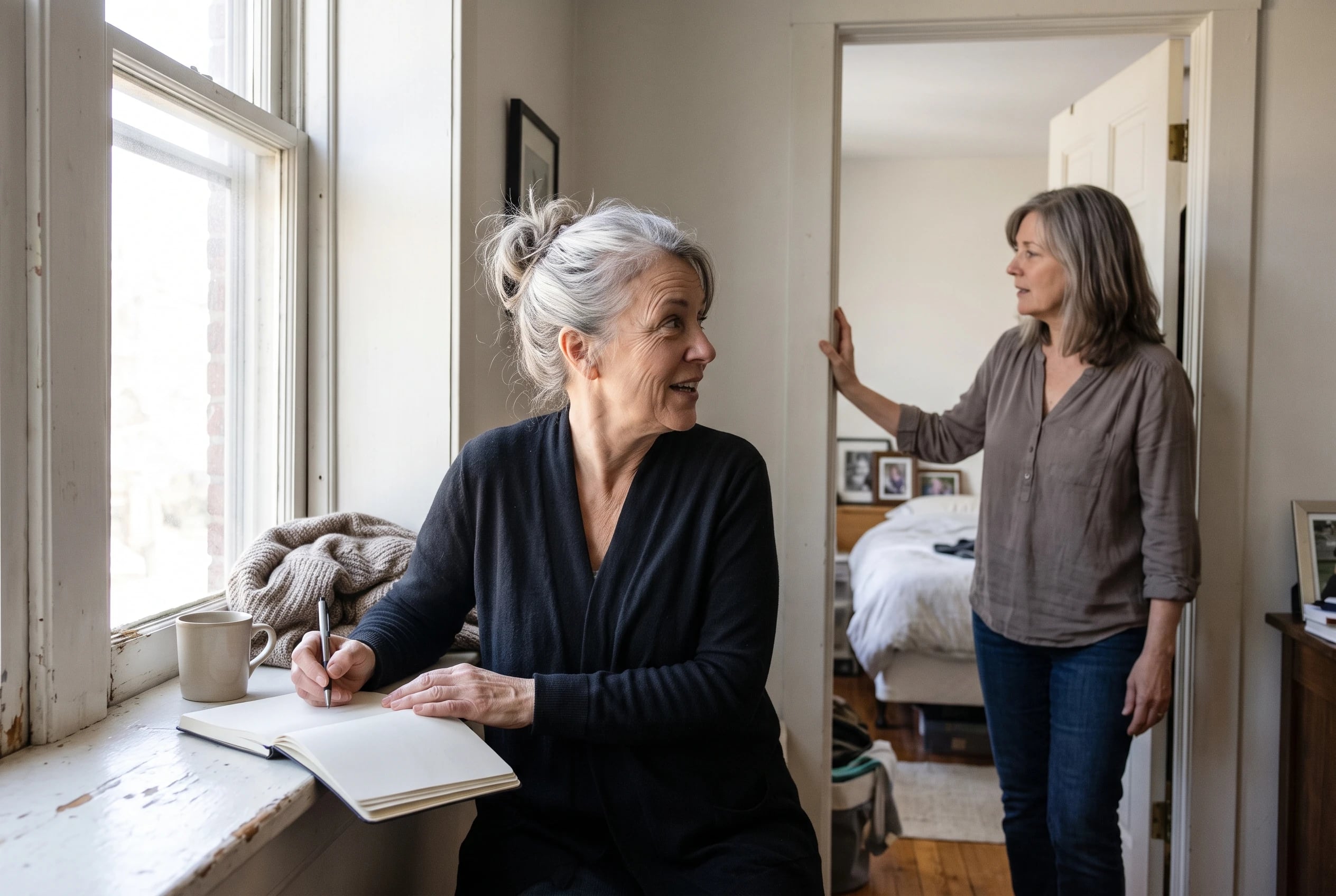 An older woman writes a short memory in a notebook on her bedroom windowsill.