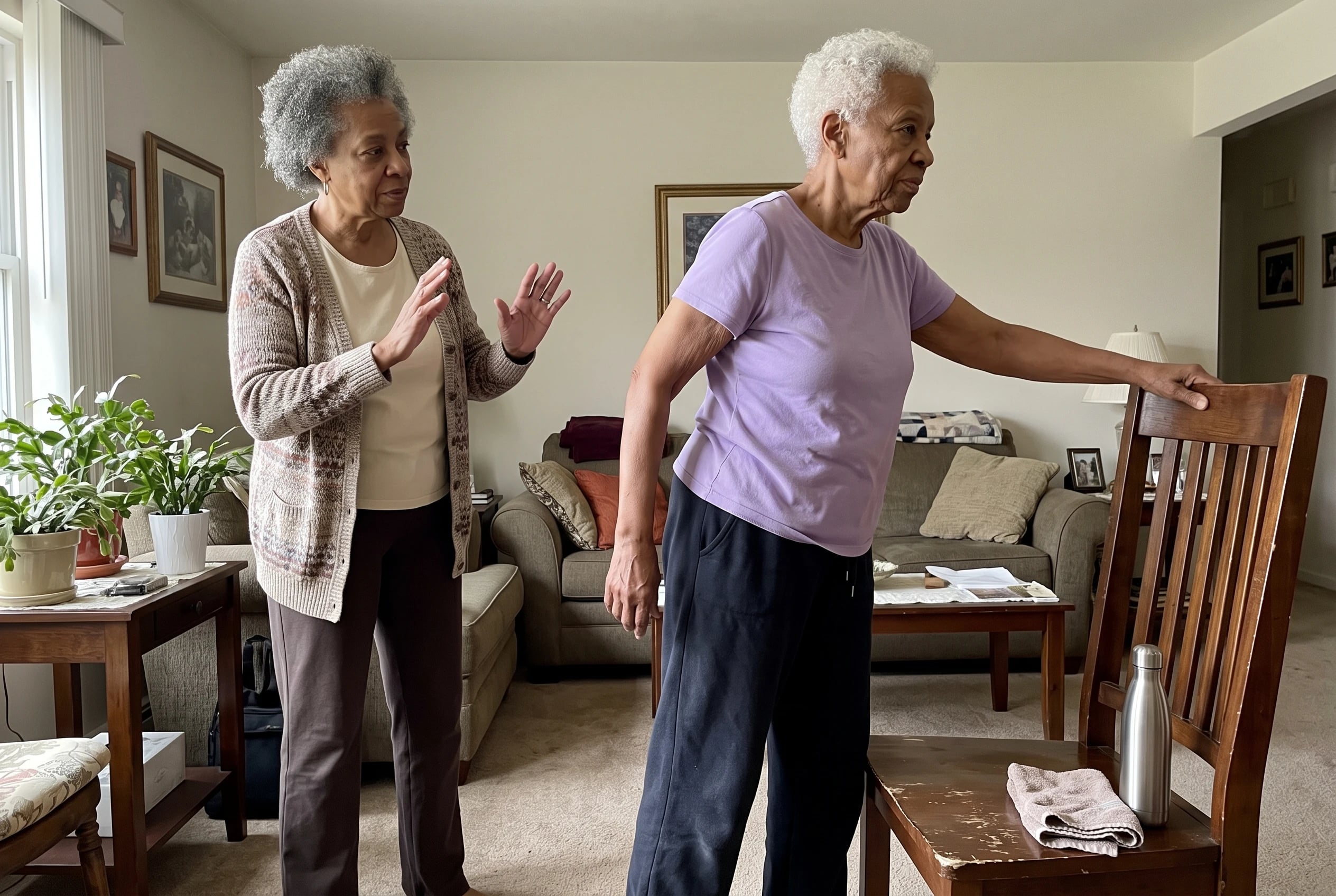 An older woman stands beside a sturdy chair during an exercise session in her den.