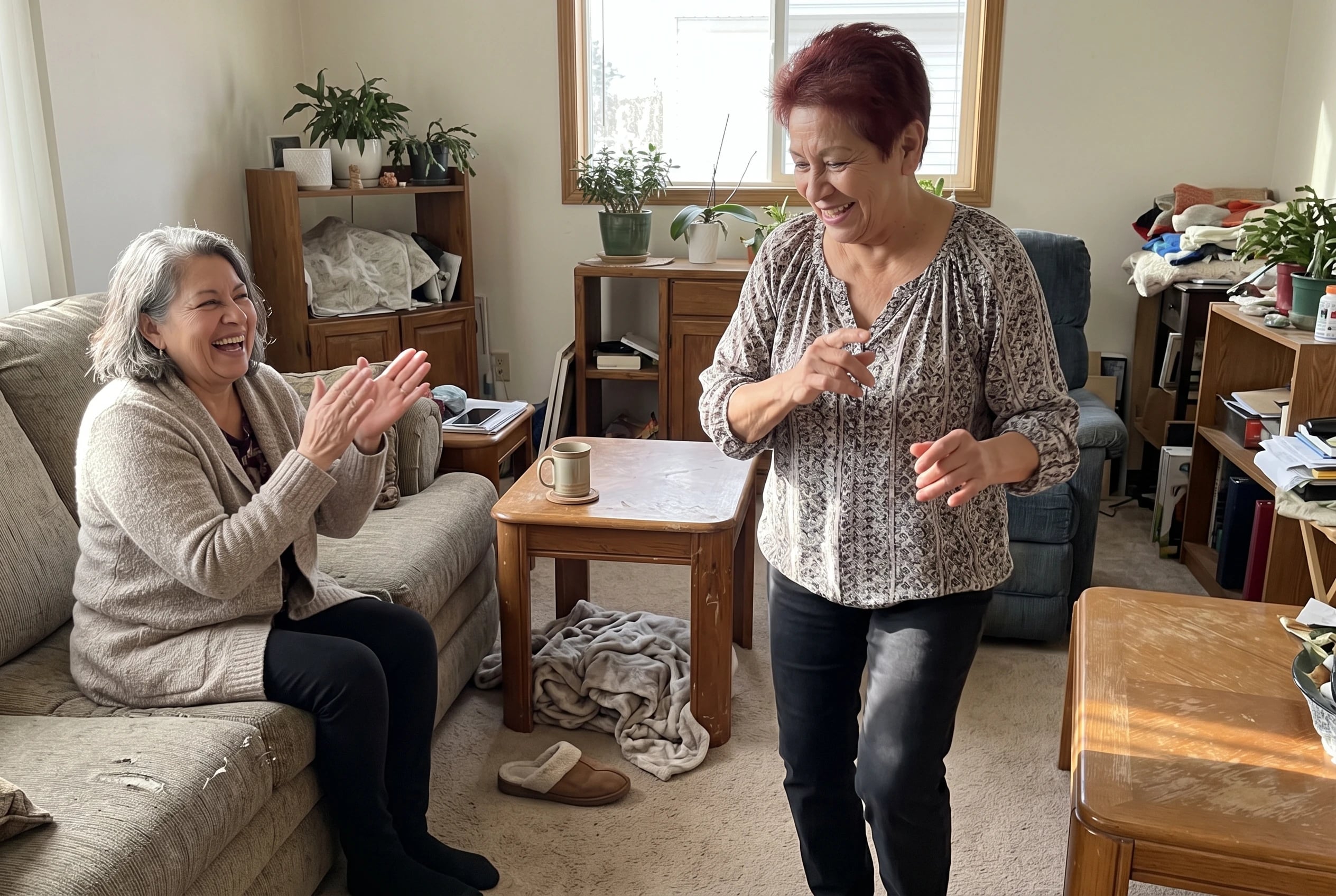 An older woman dances to music in her living room.