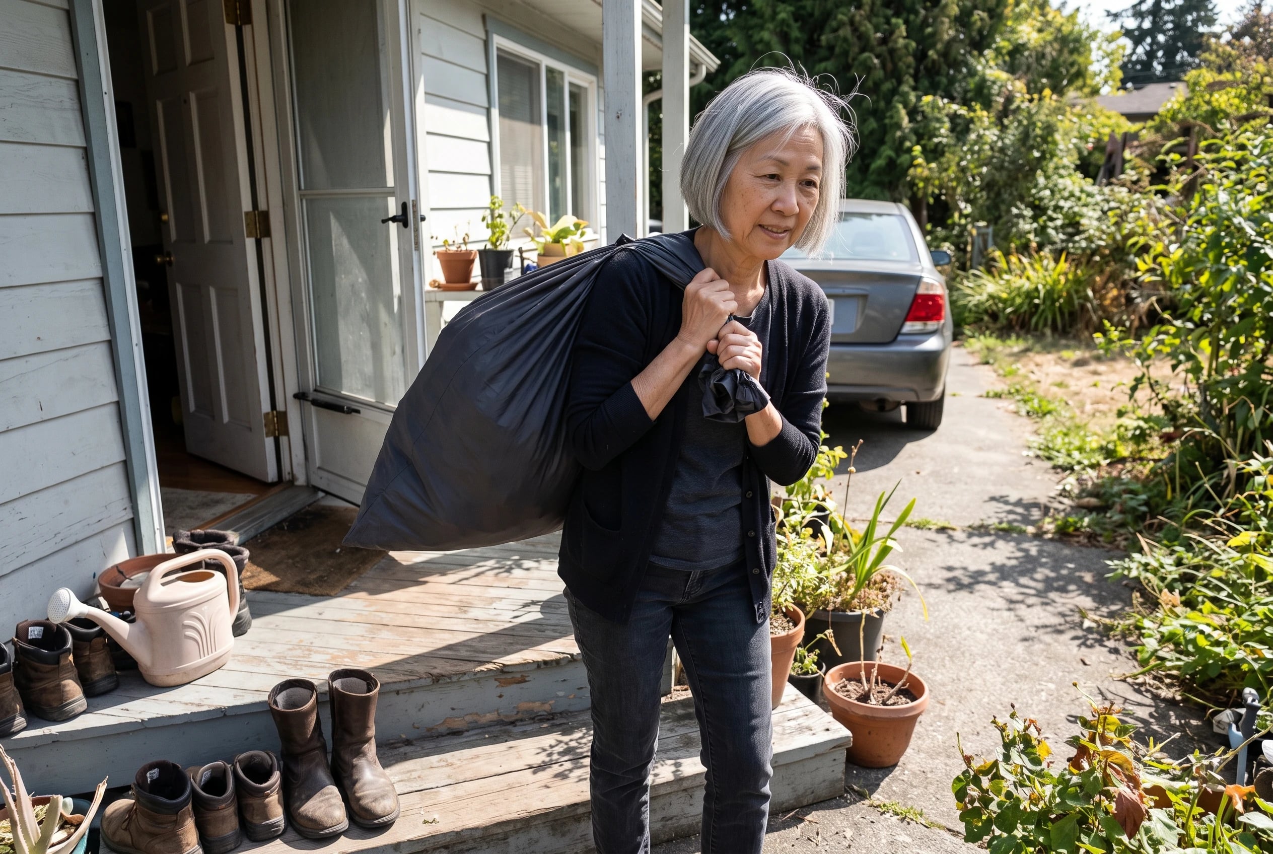 Woman carrying a full donation bag from her front door to her car.