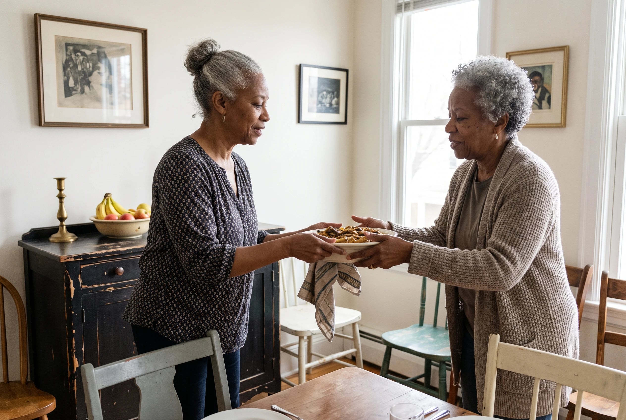 Woman handing a serving platter to her sister in a dining room.