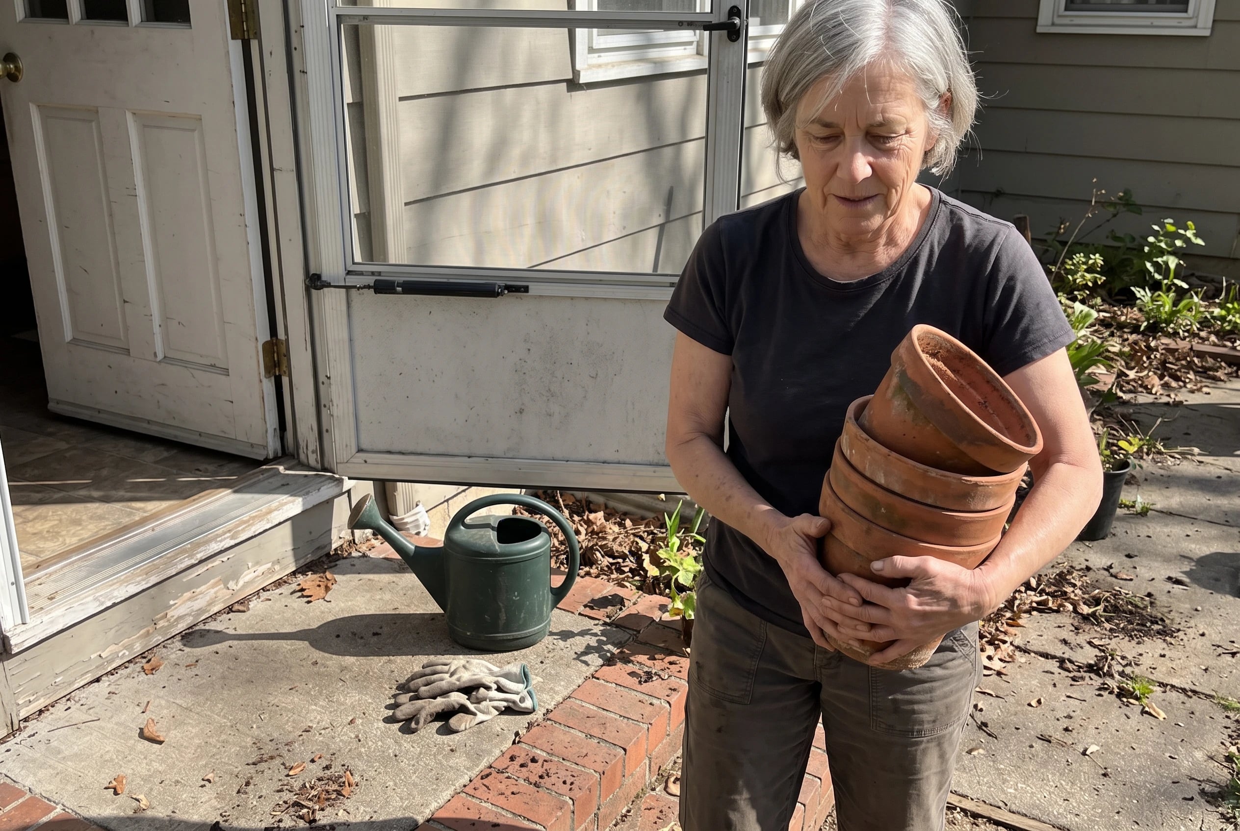 Woman carrying extra flowerpots away from her back door.