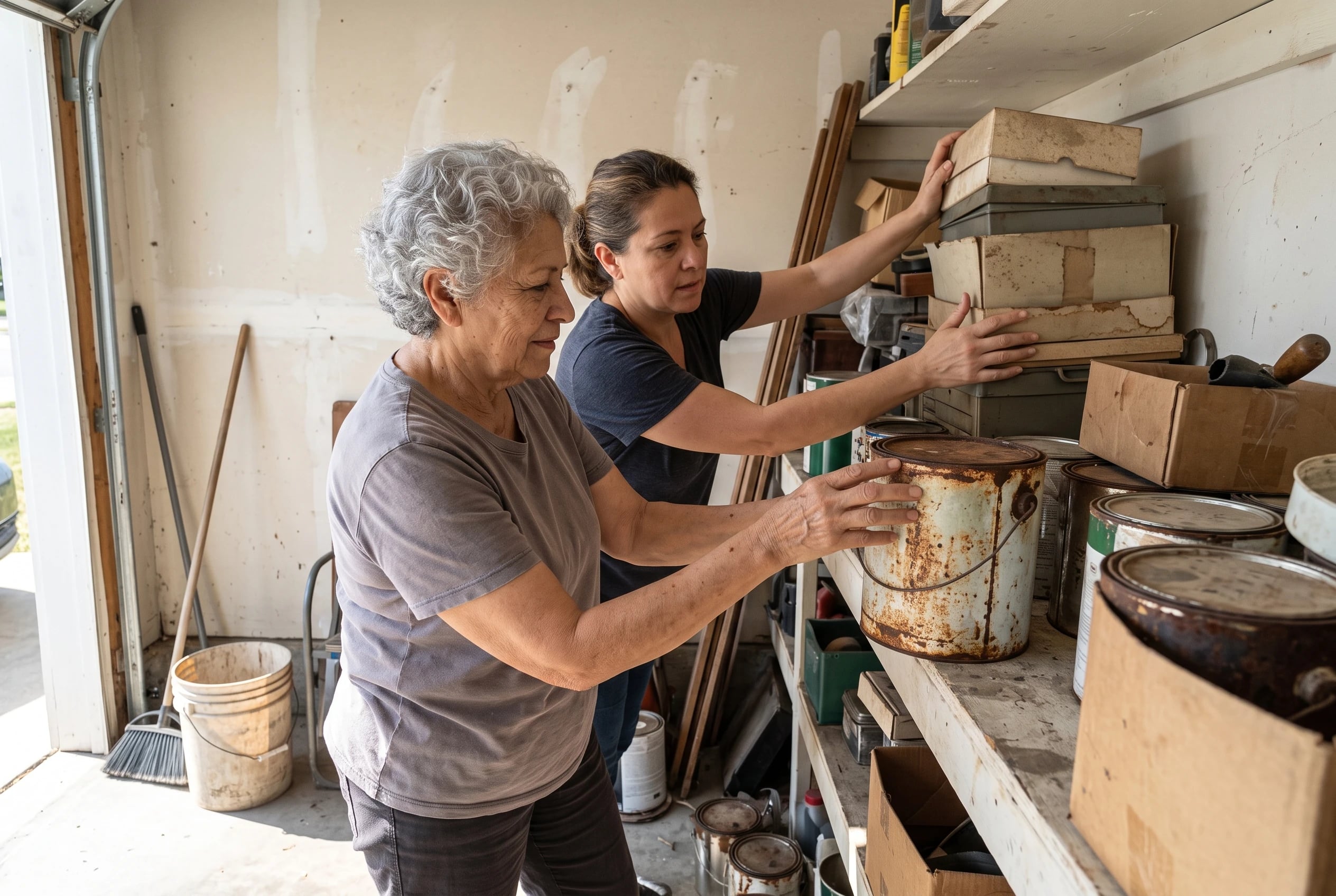 Woman checking old paint cans on a shelf in her garage.