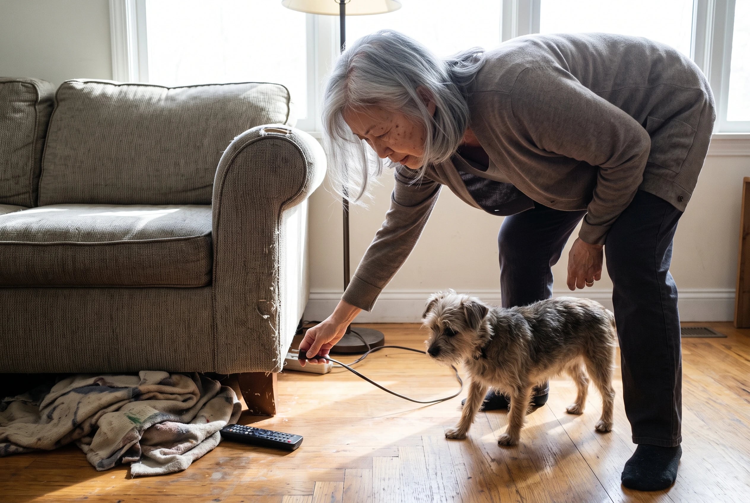 Woman unplugging a lamp cord stretched across her living room floor.