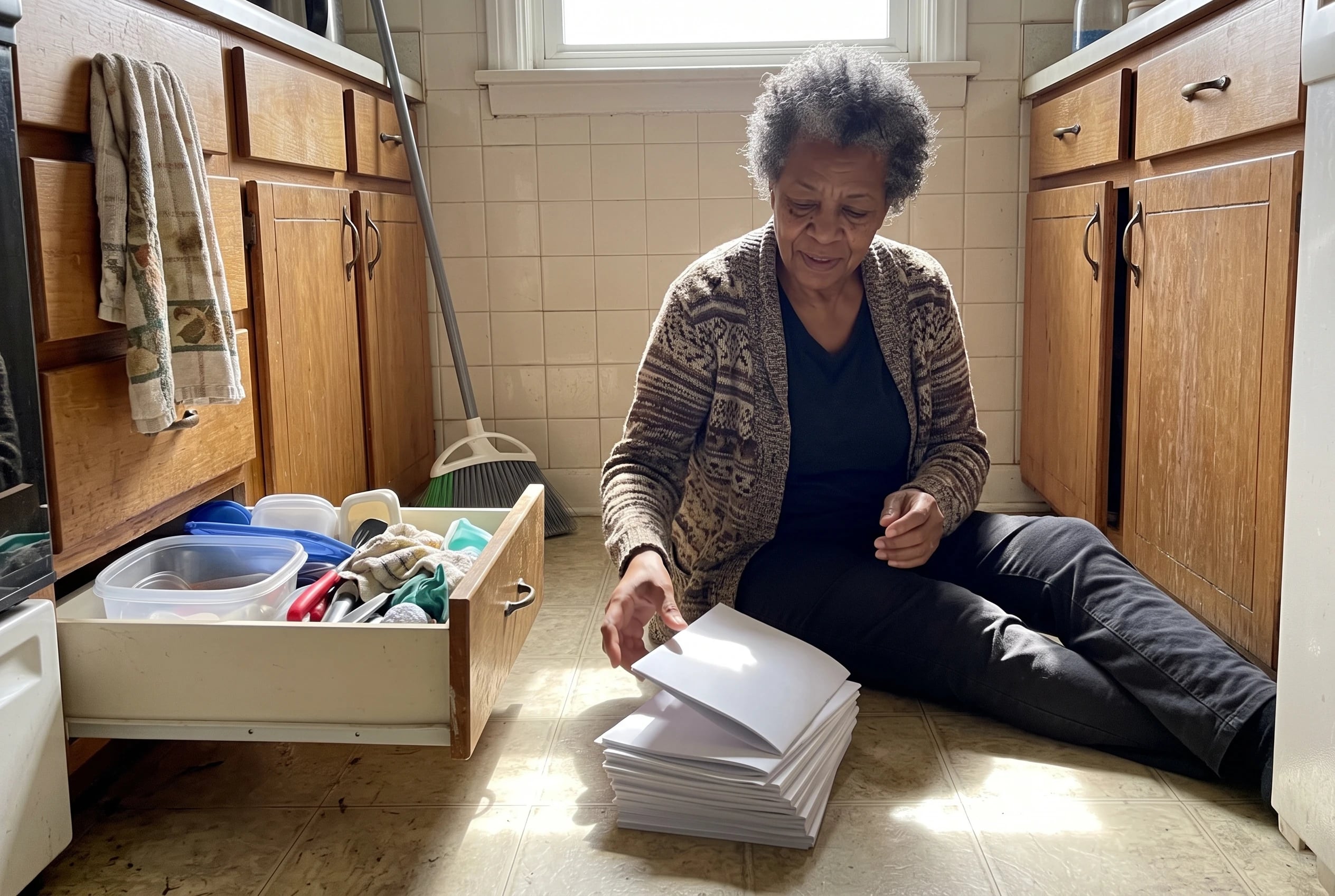 Woman sorting appliance manuals on the floor beside a kitchen drawer.