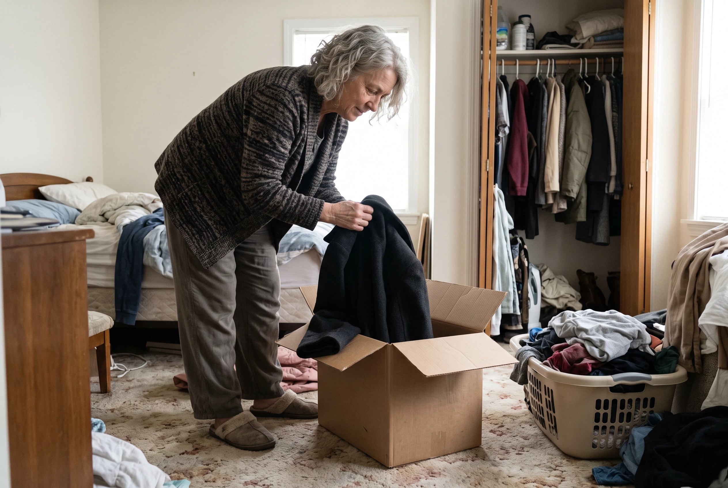 Woman placing a coat into a donation bag beside her bedroom closet.