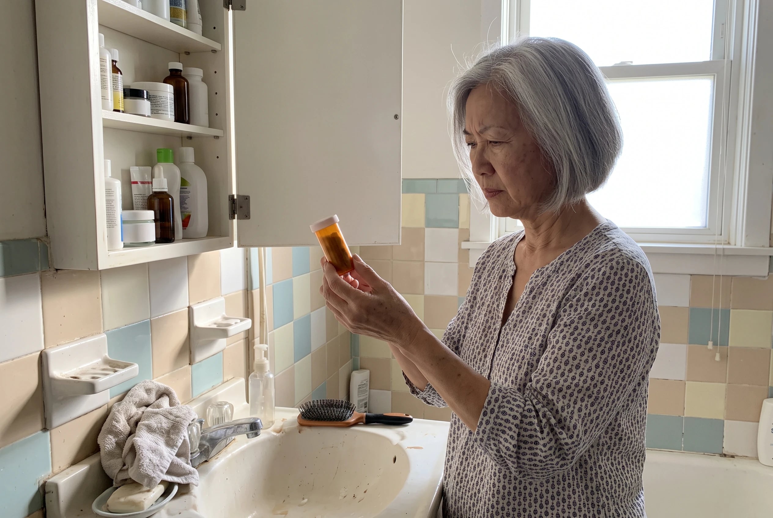 Woman checking medicine bottles at a bathroom cabinet.